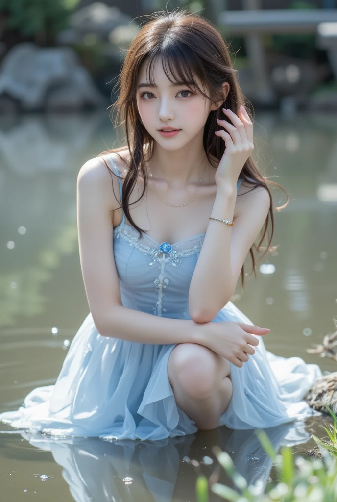 (Ultra-realistic), (Best illustrations), (Increase the resolution), (8k), (masterpiece), (wallpaper), alone, 1 girl, Looking at the audience, Brown long hair、See-through bangs、Pure Erotic Face Ace_v1, Smile, Light blue dress, Pasture、Flower Field