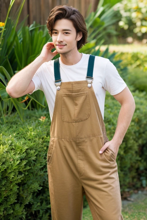 Full body shot of A shirtless tall handsome 24 years old young man is standing confidently amidst a garden of white flowers. Depth of field, DOF, The flowers, with their vibrant yellow centers, add a pop of color to the scene. The man is wearing a pair of short overalls, and his gaze is directed straight at the camera, creating a direct connection with the viewer.