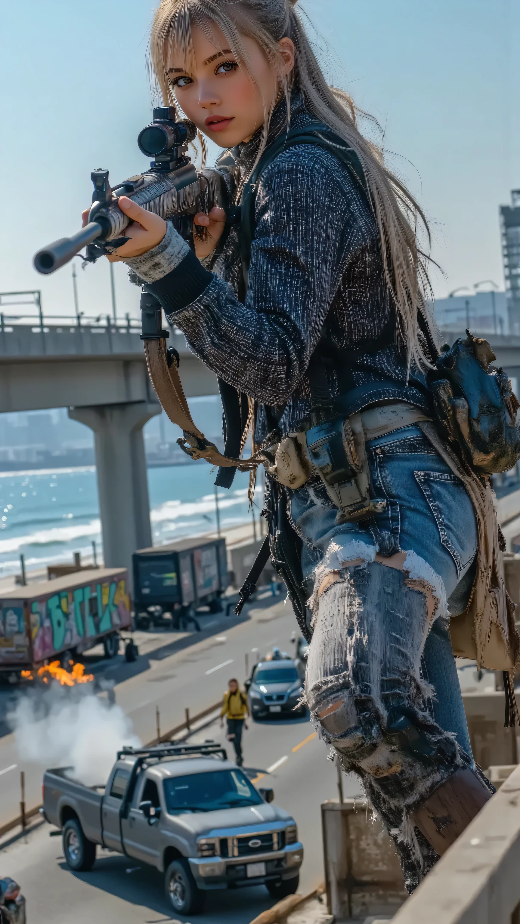 (masterpiece, best quality:1.2), A bold female anti-hero, early 20s, with a piercing glare, positioned on a bullet-riddled motorcycle on a Los Santos coastal highway overpass at dusk, aiming a compact submachine gun with deadly focus. Her ripped denim vest reveals gang tattoos, and stacks of stolen cash spill from a nearby crashed van, bills fluttering onto the asphalt. The overpass is a warzone, its barriers scarred with bullet holes, vibrant graffiti tags glowing under fading sunlight, and burning cars sending smoke into the sky. Below, five gang members execute an ambush: one sprays paint across a flipped truck, one fires a rifle at pursuing rivals, one plants explosives on a rival’s SUV, one reloads a shotgun, and another signals from a lookout post. The ocean glitters faintly beyond, contrasting the violence. This GTA-style scene is ultra-realistic, with intricate details, dynamic composition, and a cinematic sense of rebellion.

