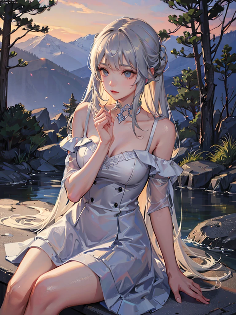 tmasterpiece, (best qualtiy), 1womanl,1girll,Violet_flodt, long whitr hair, whaite hair, with brown eye, Yellow eyes, white shirt, , white skirt, pleatedskirt,, bare shoulders, mediuml breasts, ,Sexy women, zettai ryouiki, Separate bangs, jewely, Ribbons, AS-Adult, (Legs crossed:1.2), crossedlegs, (mediating), peace, vivd colour ,,natural lightting , RTX, hair between eye , big breasts beautiful, (Detailed face:1.2), Exhibited, (perfect eyes:1.1) ,(Photorealsitic:1.1), 8K UHD, In the natural environment,High mountains and flowing water,faeries,goddes,God of the Moon ,long white hair,Goddess of high cold,Bare body,The eyes are ethereal,