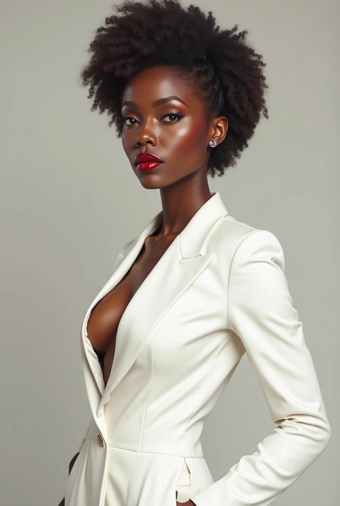 a beautiful black woman in a white silk shirt with a deep v-neck, wearing a business suit, a red lace bra peeking through, and a pencil skirt, with black afro cornrows hairstyle, (best quality,4k,8k,highres,masterpiece:1.2),ultra-detailed,(realistic,photorealistic,photo-realistic:1.37),intricate details,dramatic lighting,chiaroscuro,high fashion editorial,glamorous,cinematic
