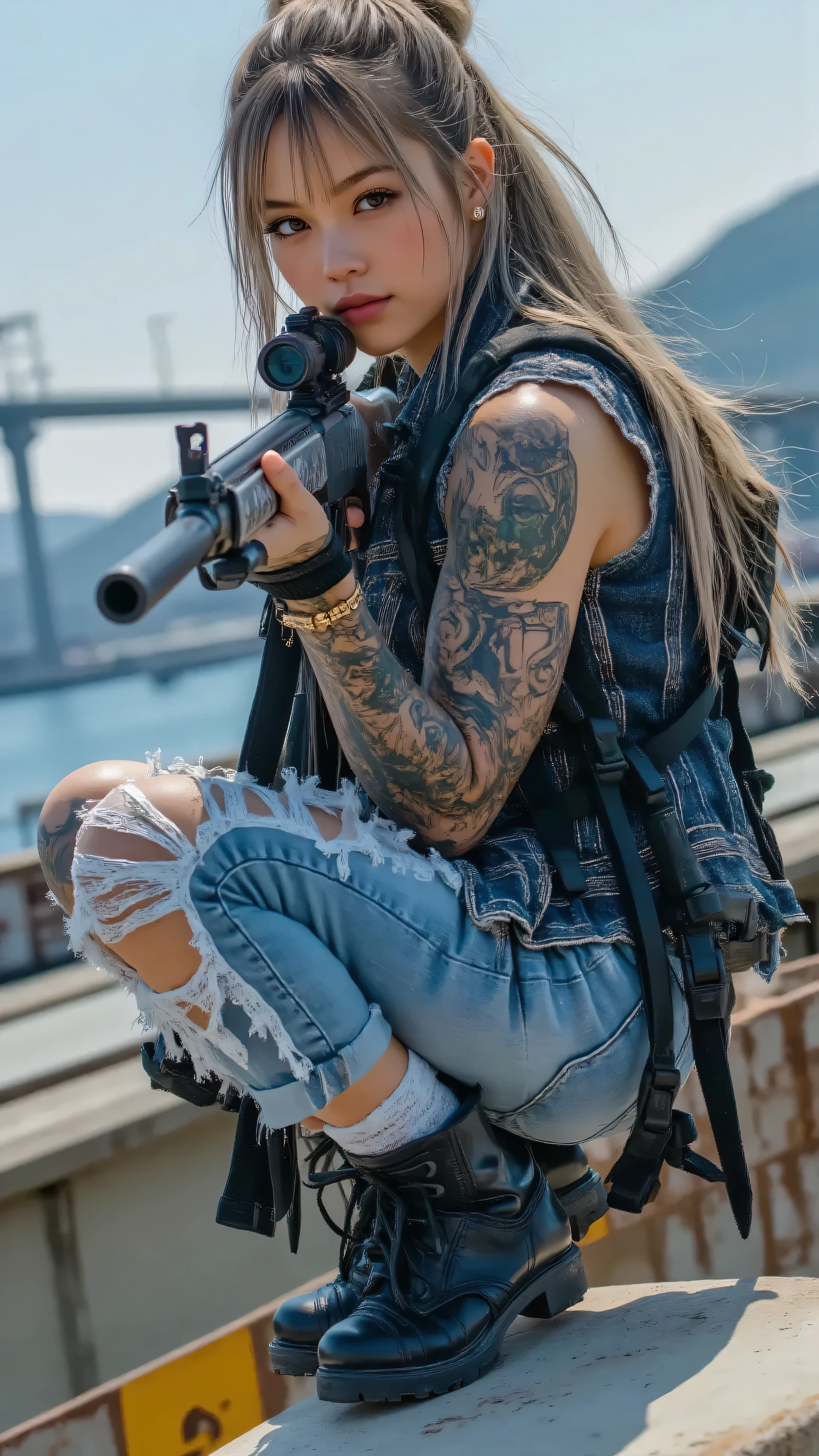 (masterpiece, best quality:1.2), A bold female anti-hero, early 20s, with a piercing glare, positioned on a bullet-riddled motorcycle on a Los Santos coastal highway overpass at dusk, aiming a compact submachine gun with deadly focus. Her ripped denim vest reveals gang tattoos, and stacks of stolen cash spill from a nearby crashed van, bills fluttering onto the asphalt. The overpass is a warzone, its barriers scarred with bullet holes, vibrant graffiti tags glowing under fading sunlight, and burning cars sending smoke into the sky. Below, five gang members execute an ambush: one sprays paint across a flipped truck, one fires a rifle at pursuing rivals, one plants explosives on a rival’s SUV, one reloads a shotgun, and another signals from a lookout post. The ocean glitters faintly beyond, contrasting the violence. This GTA-style scene is ultra-realistic, with intricate details, dynamic composition, and a cinematic sense of rebellion.

