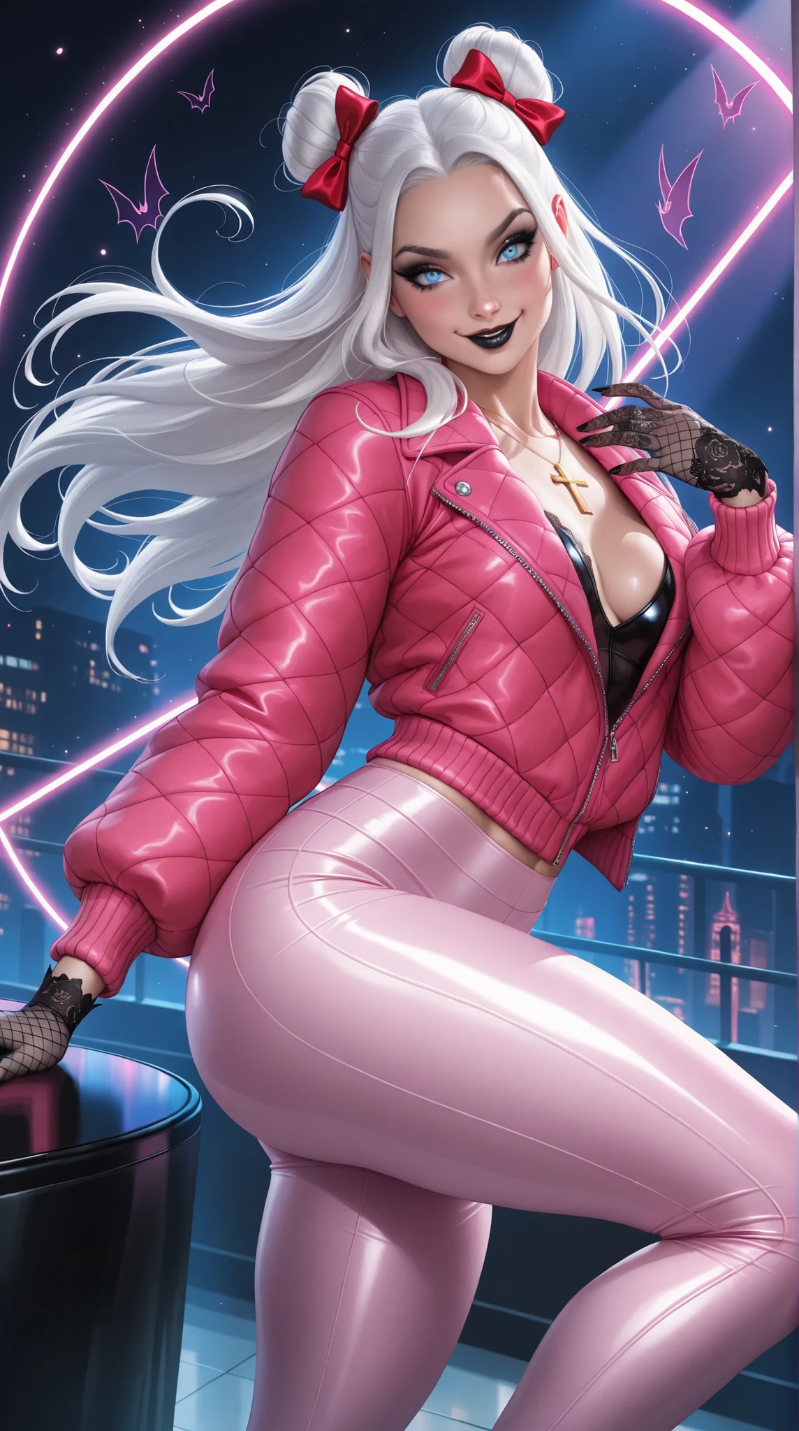 (TangoBat:0.7),(Sakimichan:0.7), 1girl, solo, long hair, hair buns, white hair, blue eyes, makeup, black lipstick, vampire, mascara, dark eyeshadow, cross necklace, hair bow, pink lace jacket, lace gloves, white fishnets, pink leggings, fashionable attire, dynamic angle,shiny skin, detailed eyes, detailed face,smile, neon colors, glowing , masterpiece, best quality,absurdres