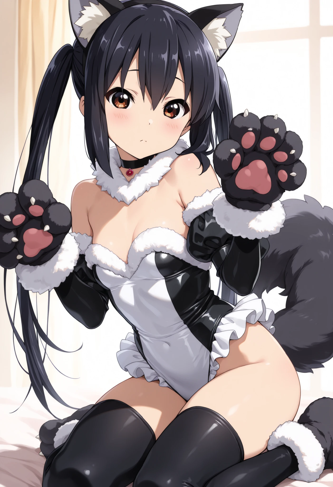 High resolution, masterpiece, Highest quality, One person, Pokémon anime girl , large breasts , red&black cat bikini costume(fur surface),she wearing cat muzzle on mouth&nose , FAKEcat earsm,fake cat tail , collar with bell , paw glove red&black boarder kneb socks(Absolute area),squating , open legs , front view , indoor , cat room
