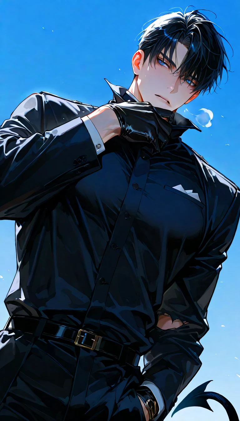 (masterpiece, best quality:1.2), (hyperdetailed face), (Super well-formed face), full body, solo, tall boy, tachie, male focus, 1boy, gojo satoru, smile, looking at viewer, white hair, blue eyes, crystal clear eyes, beautiful pupils, beautiful detailed eyes, long eyelashes, black sweater, long sleeves, black pants, lift sunglasses, beautiful blue sky, summer sky, dynamic angle