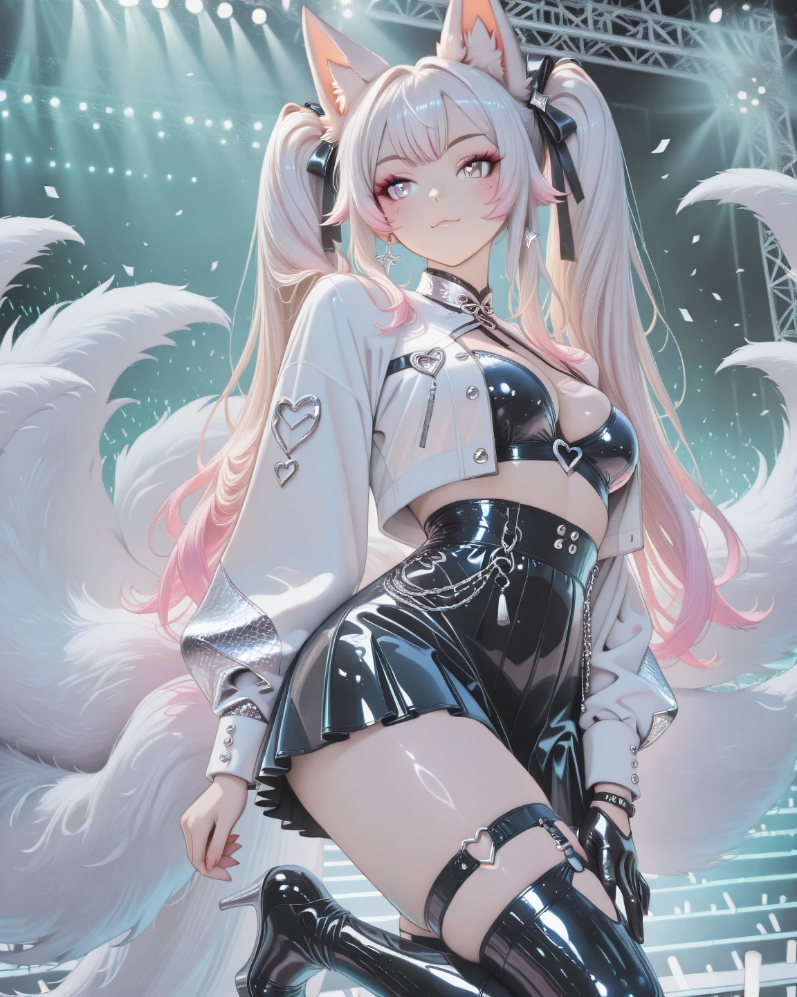Silver hair, pink eyes, body, cat ears, sexy girl, earrings, heart background fantasy, uniform, hair bow