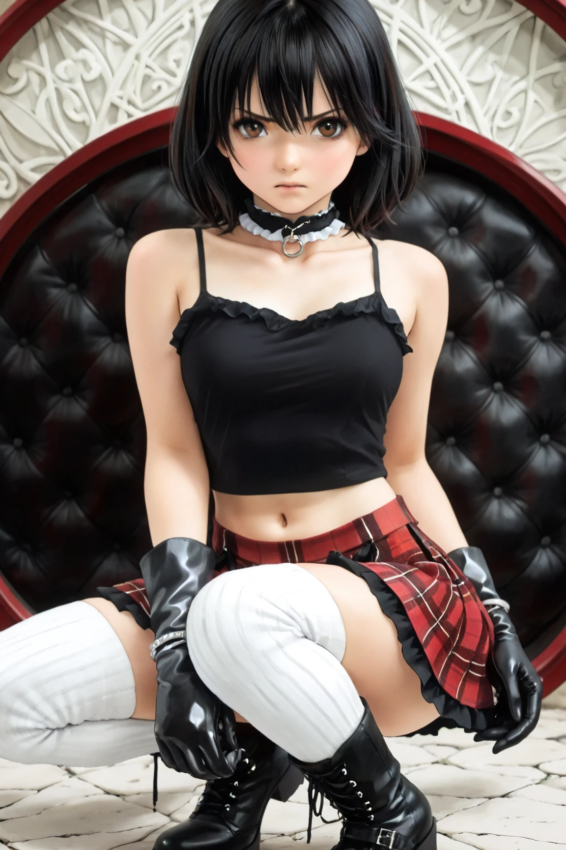a woman with short black hair, cabelo nos ombros, wearing a black cropped and plaid skirt, blue colored eyes, gothic art, sensual aesthetics with vibration, wearing red costume, using gothic accessories, on his knees ,black white background