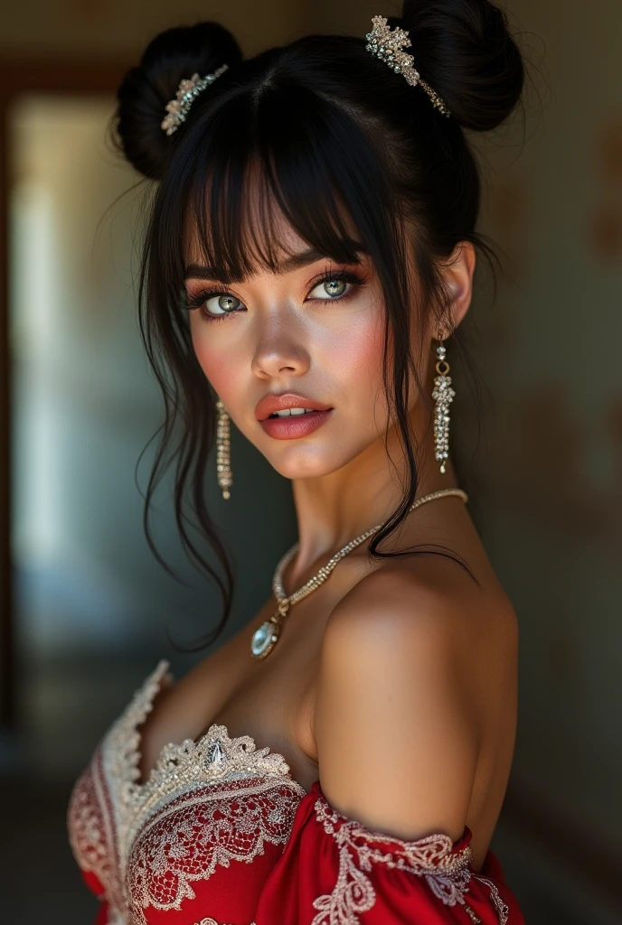 photo of a 24-year-old 1 cute model posing: 1.3, photorealistic Realism 16K Quality: (((Ultra resolution absurd detailed detail quality, absurd quality details clear non blurry and sharp perfectly round realistic brown_eyes:1.22)), extremely detailed:1.35), (tired and sleepy and satisfied:0.0), ((finely detailed pupils:1.4)), ((detailed symmetrical lips:1.2), BREAK, pink_lipstick:1.25), (perfect dark_eyeshadows:1.25), ((long eyeliner), extreme detailed:1.3), (iridescent eyes), with professional makeup, vibrant eyes:1.2, (super Detailed, beautiful little nose:1.2), (perfect composition), Depth of field, cinematic light, Lens flare, dslr, best high quality soft lighting, sharp focus captured by Fujifilm XT3, f 5.6, in a dramatic lighting, ((extremely beautiful cute sharp-face)), ((V-line jaw)), (light pale complexion), (best high quality realistic texture skin), ((best high quality realistic texture long black hair, (curly waves), hyper Intricate details:1.45)), (Super beautiful body), (perfect female body:1.4), (small round head:1.4 (anatomically correct)), slim face, beautiful cheekbones, ((slim-muscled body:1.24)), ((firm and full breasts)), (super detailed professional makeup on face:1.3), perfect composition, (pale skin), ((dry skin)), (photorealistic, 4k,8k, insanel realistic details, masterpiece), vibrant:1.2, (Upper body shot), ((highly elaborate extravagant microscopic street outfit:1.25)), perfect composition, ((look at the viewer)), Hasselblad, 85mm f/4.0