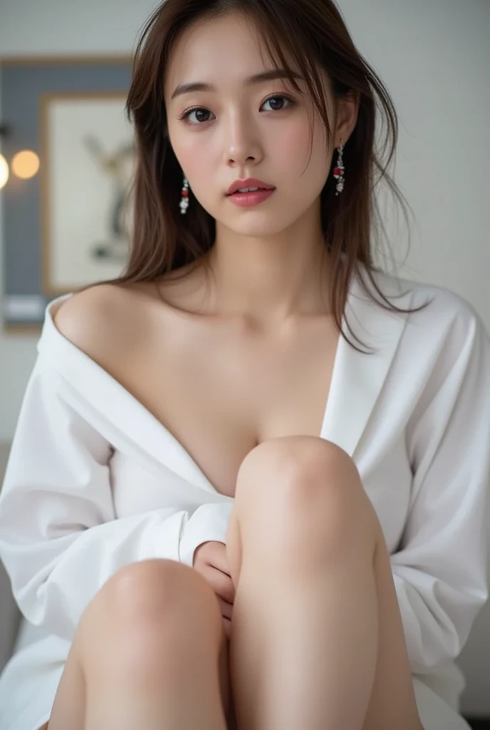((You may be just one person to the world, It could mean the world to one person., paradox, Adrian Genius, Jenny Savile, Edward Hopper, The Dark Art of James Zinn, takato yamamoto)),(raw photo, best quality), ((Nostalgia,1980s style)),(girl in a literary mood:1.2),(realistic, photo-realistic:1.3), very delicate and beautiful, amazing, in detail, masterpiece, very detailed, mackerel,best illustration, best shadow,convoluted,depth of field,1 woman,(long legs:1.4),long hair,messy hair,((((low key,dark scene,dimly lit)))),fat,(((soft lighting:1.4))),(pale skin:1.4),(shy smile),(cinematic angle),sharp focus, volumetric fog, 8k words, dslr, high quality,( film grain:1.4), Fujifilm XT3,(looking at viewer)