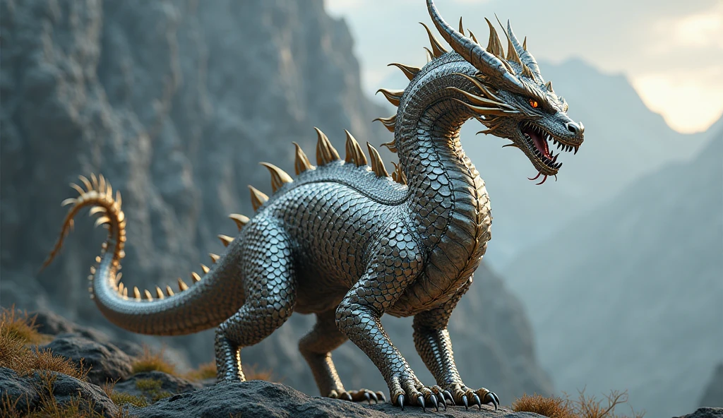 Chinese dragon, (cyborg:1.2), moon, stars, outdoors, mountains, fields, loving, heart full of love,  valentine's day, ziprealism