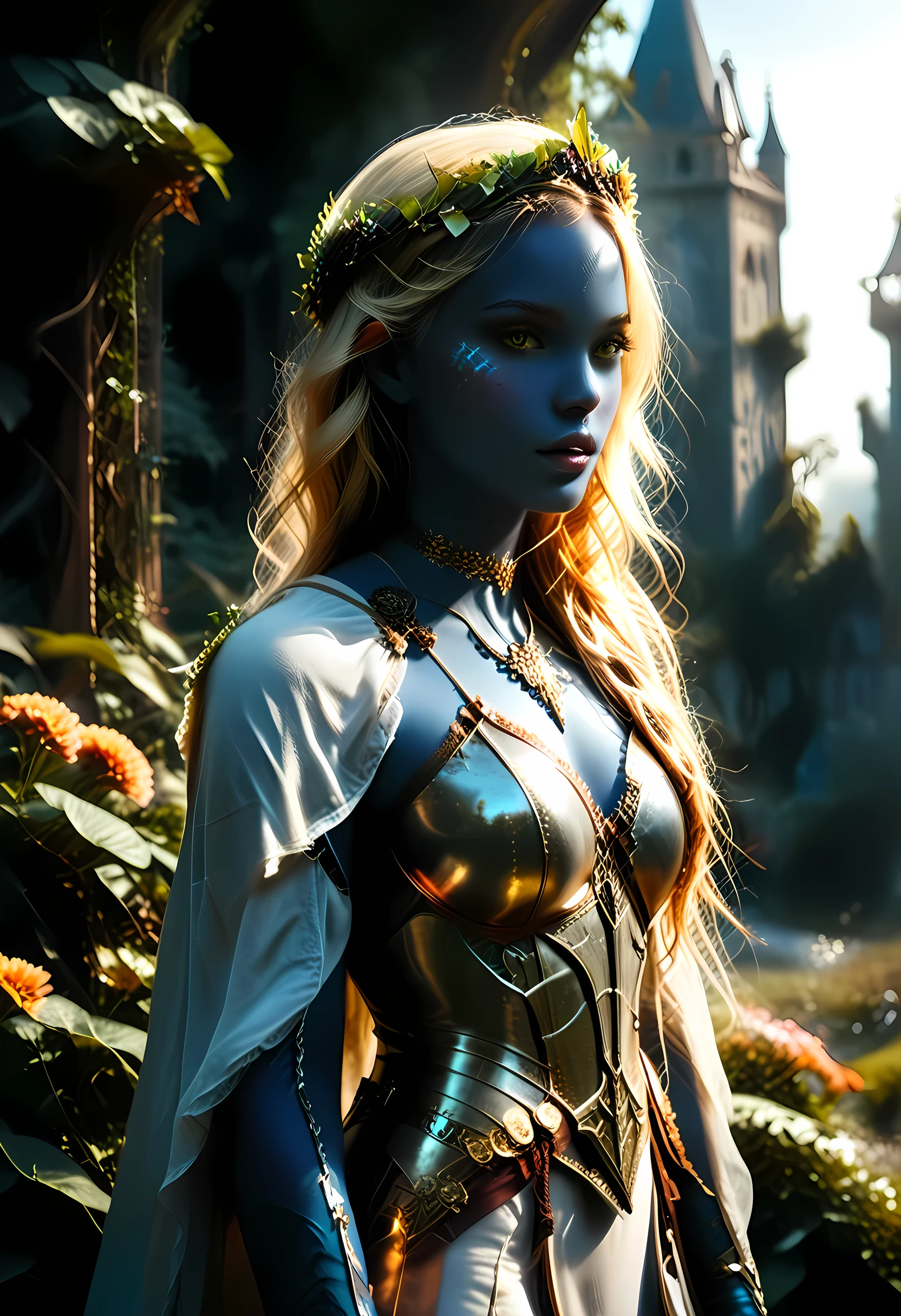 picture of a female cleric ((dark blue skin)), intense details facial details, exquisite beauty, cleric, ((dark blue skin)) female, ((yellow hair)), long hair, (((no ears))), (green eyes)), armed with a fiery sword red fire, wearing (twilight priestly combat vestments), wearing white armor, wearing high heeled laced boots, wearing white armor, wearing an (orange cloak:1.3), wearing glowing holy symbol, fantasy art, dnd art, RPG art, wide shot, (masterpiece: 1.4) intense details, highly detailed, photorealistic, best quality, highres, within fantasy temple background, reflection light, high details, best quality, 16k, [ultra detailed], masterpiece, best quality, (extremely detailed), close up, ultra wide shot, photorealistic, RAW, fantasy art, dnd art, fantasy art, realistic art,((best quality: 1.5)), ((masterpiece: 1.5)), (detailed), perfect face, strapless, lace up stilettos, fantasy, Fantasy background, 