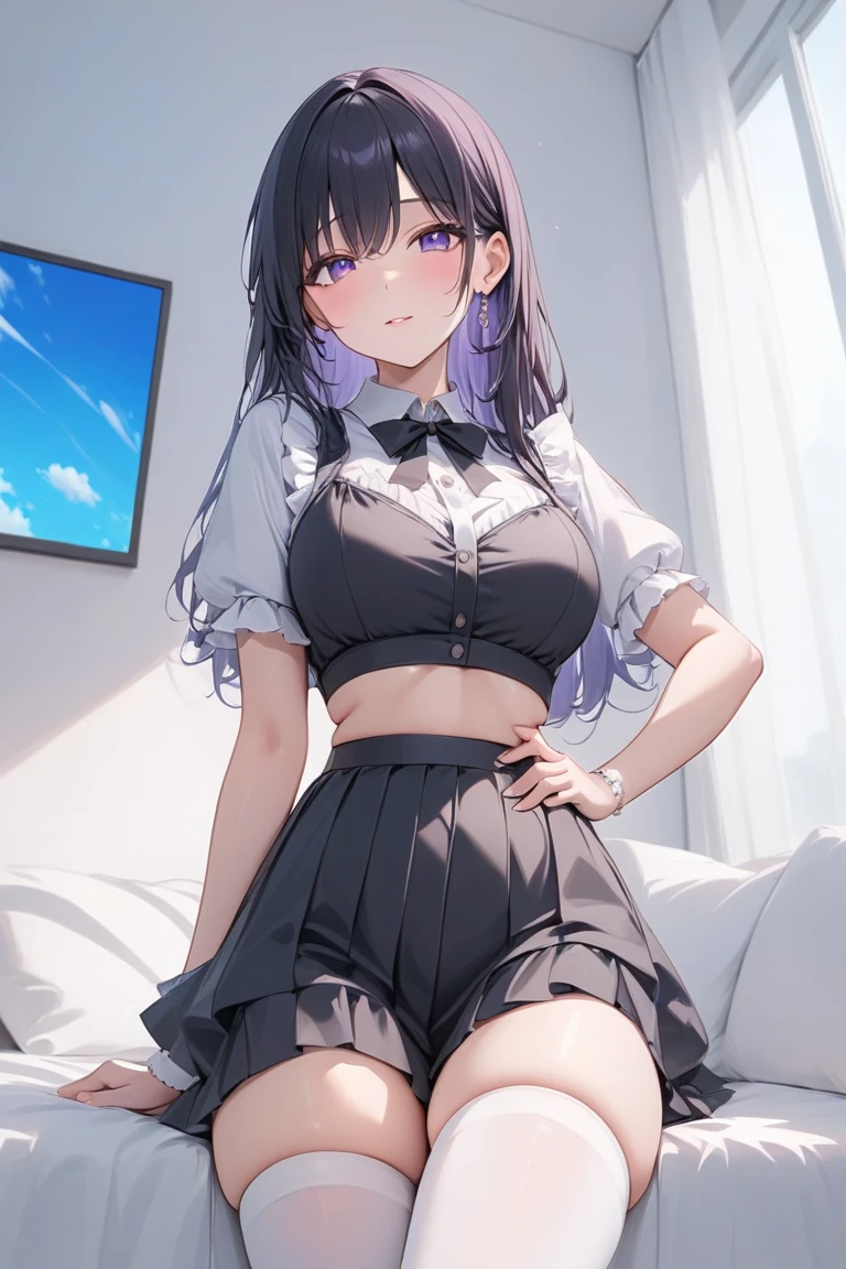 1girl, long black hair, purple eyes, wearing plain white shirt, Pleated miniskirt, city, absurdres, high res, ultrasharp, 8K, masterpiece, looking at viewer, steam, (lift skirt), floral lace white undies, cameltoe, steam, sexy, wind lift, see through nipples, beauitful face, sexually suggestive, sitting, spread legs, wet panty, navel, blowjob