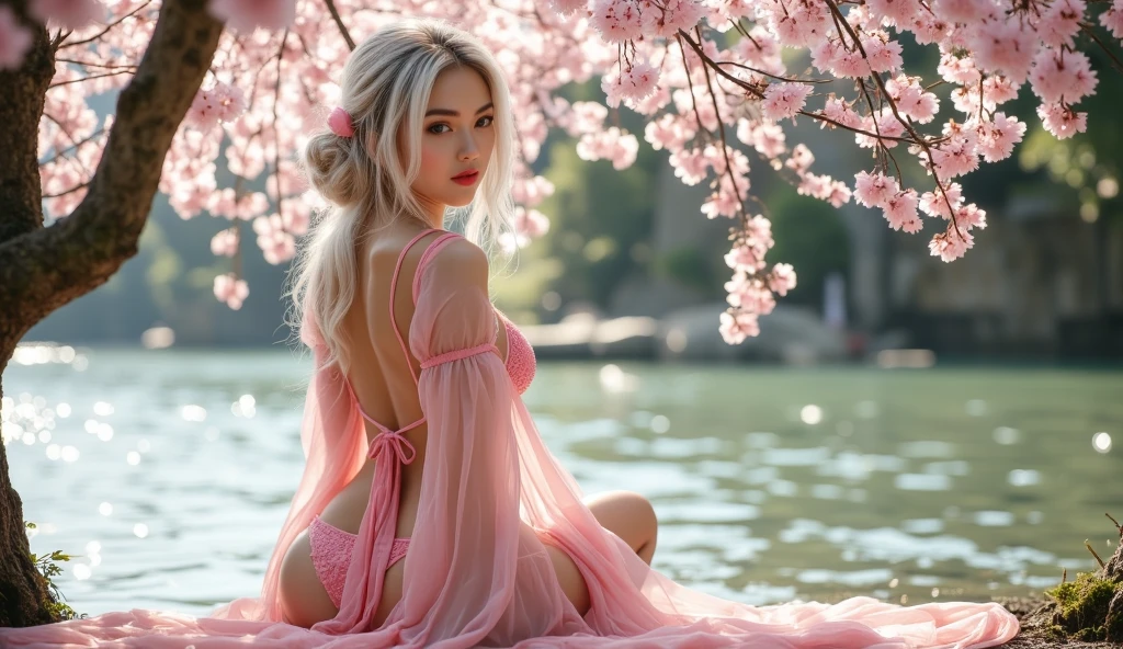 (hyper-realistic full body), (illustration), (high resolution), (8K), (extremely detailed), (best illustration), (beautiful detailed eyes), (best quality), (ultra-detailed), (masterpiece), (wallpaper), (detailed face), perfect facial features,(highly detailed body, highly detailed face, best quality:1.2),A Woman, rusian women face, pink bob wavy hair, look at viewer, static pose, (small hips), (perfect waist), long leg, slender abs, perfect legs, (pink see through sexy silk thin long kimono, Pink sexy bra, pink mini t-strings thong panties), (Pink bougainvillea mess in japanese luxuious mansion background:1.4),high heels hot chick style Christian Louboutin \(brand)\