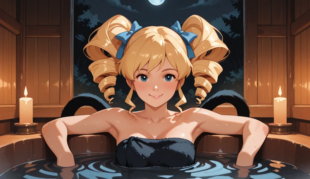 Conis, ((blonde hair, twin braid, antennae, forehead, glowing blue eyes, makeup, narrow waist, skinny, medium breasts)), pelvic curtain, ((red bikini), full body, perfect body, (insanely detailed, beautiful detailed face, masterpiece, best quality) , (((solo))), (((1girl))), (((mature))), (extremely detailed 8k paper CG wall unit: 1.1), (Hot tub, dusk), (smile face for the viewer), big ass, underbutt, behind, from back