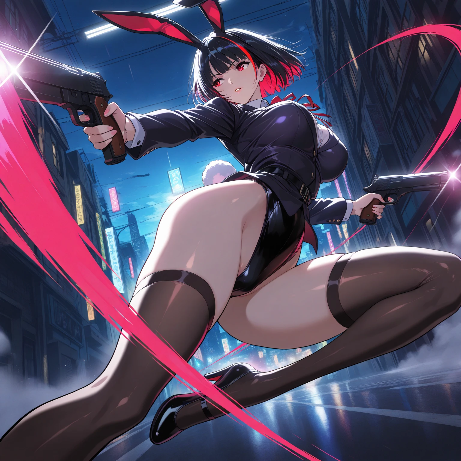 Score_9, Score_8_up, Score_7_up, source_anime BREAK 1girl, skirt, big breasts, black hair, thighs, headband, jewelry, standing, very long hair, underwear, panties, full body, braid, thigh highs, red hair, multicolored hair, pleated skirt, earrings, shoes, glasses, bra, Taupe, twin braids, covered nipples, two-tone hair, white thighs, lips, highlighted hair, transparent, pistol, plaid, makeup, plaid skirt, thick thighs, lipstick, mole under the mouth, Mary Janes, shaded eyes, toned , absurdly long hair, weapon, ass, looking back, back cutout, full moon background, very large moon, moonlight