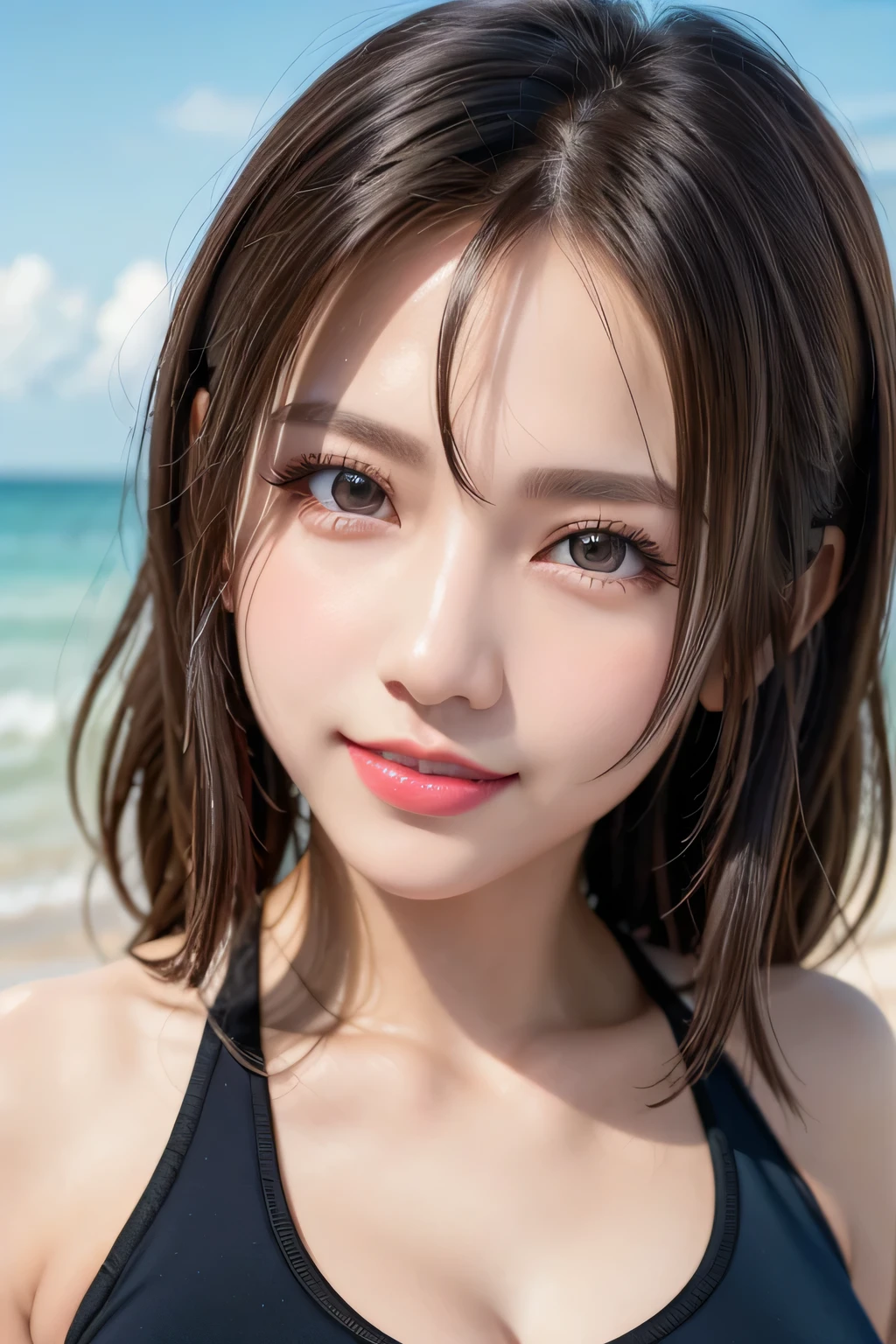 (hight resolution), (8K), (ighly detailed), (The best illustrations), (beatiful detailed eyes), (top-quality), (Ultra-detail), (masterpiece), (wall-paper), (Detailed face), ((top-quality、8K、masterpiece:1.3))、a beauty girl、1 female、Big Tits:1.3、Slender body type:1.1、Toned abs、Happy smiling face、dark brown hair、a pixie cut、(swimming pools、a wet body、Wearing erotic:1.1)、hyperdetailed face、Detailed lips、A detailed eye、double eyelid