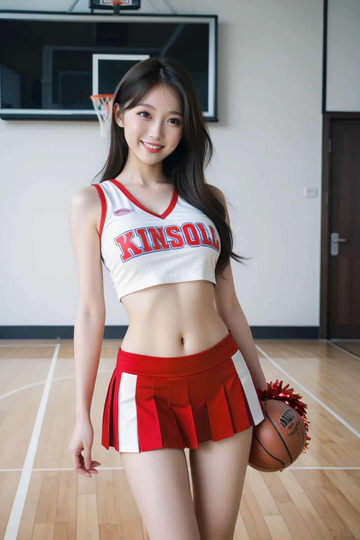 top-quality、Top image quality、masterpiece、fully body photo、25 years old women, Dark brown wavy middle hair、bangss、((Red and white volleyball uniform))、 ((no-bra、Puffy nipple、))、soft boob、Big breasts,、Kamimei、 Shy laughter、Shower room、emphasis on the buttocks、((Grasp your breasts with both hands over your clothes、Touching the crotch、open one's legs、Open both knees))