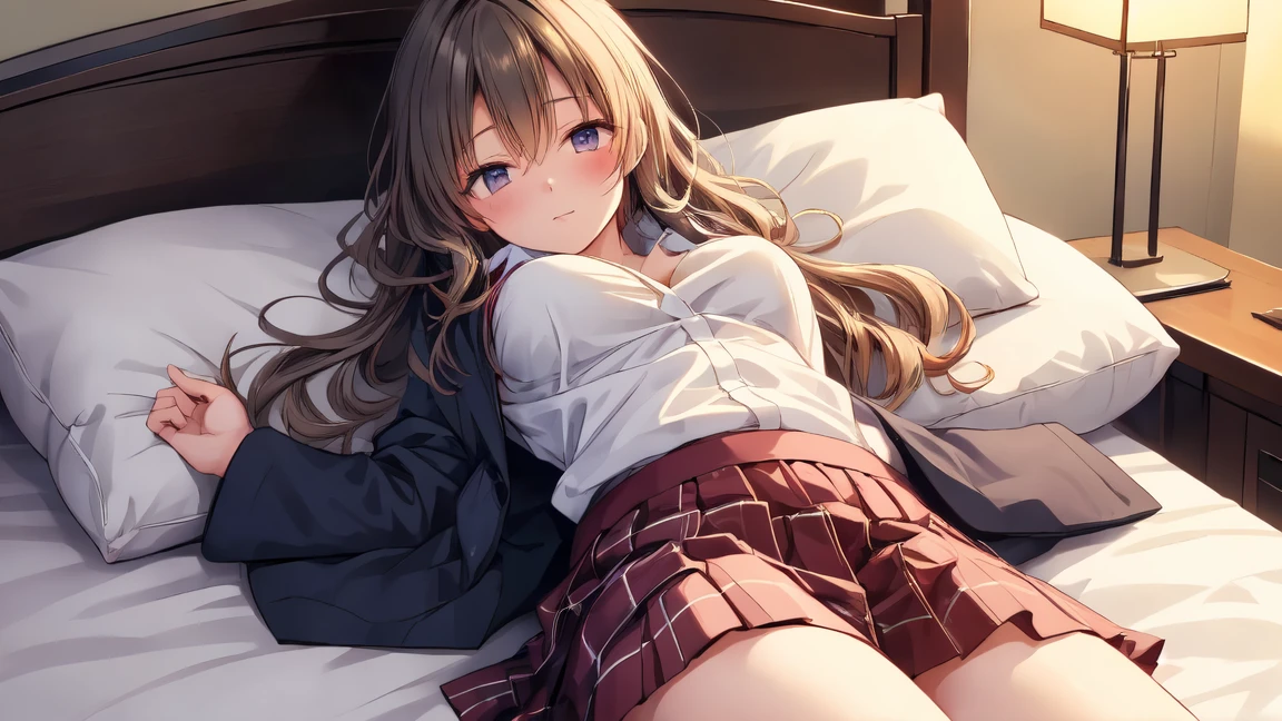masutepiece, Best Quality,Detailed Focus:1.3,((1 high school girl in uniform))、 Cream cardigan,Grey Tartan Plaid Pleated Skirt,White string panties,In the bedroom in the morning,((Lying on your back in bed:1.3)),(Spread your legs to the sides:1.3) ,White string panties,Looking at Viewer, Cute, medium breasts, Yellow eyes, Yellow hair, Long hair, Beautiful detailed eyes, embarrassed,((Panties close-up:1.53)),(Low position shots:1.45)