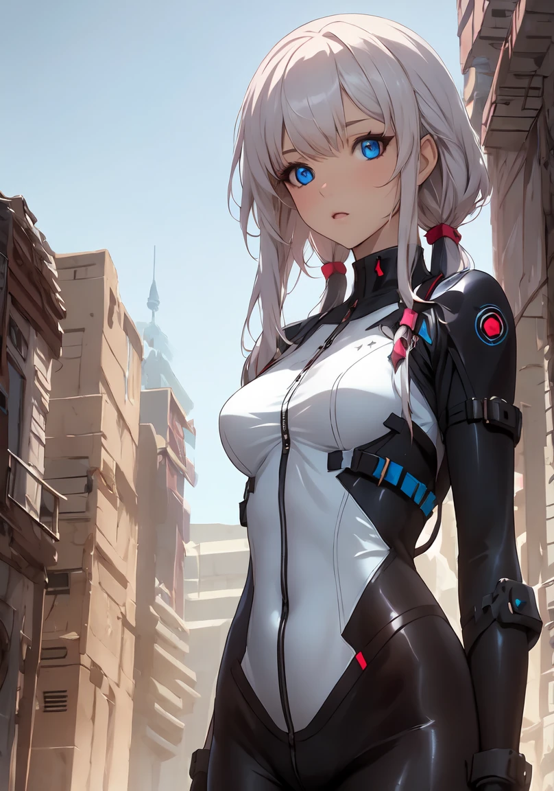 silver hair, bangs, bob cut, head mounted display, glowing eyes, textured skin, high quality, best quality, masterpiece, Spy in science fiction movies, cyberpunk worlds, functional bodysuits, beautiful girl, shiny bodysuits, girl in the dark, 6k, pretty, facial details are particularly rich, perfect lighting, skin-tight, latex, white jumpsuit, moonlight, light and shade, goddess