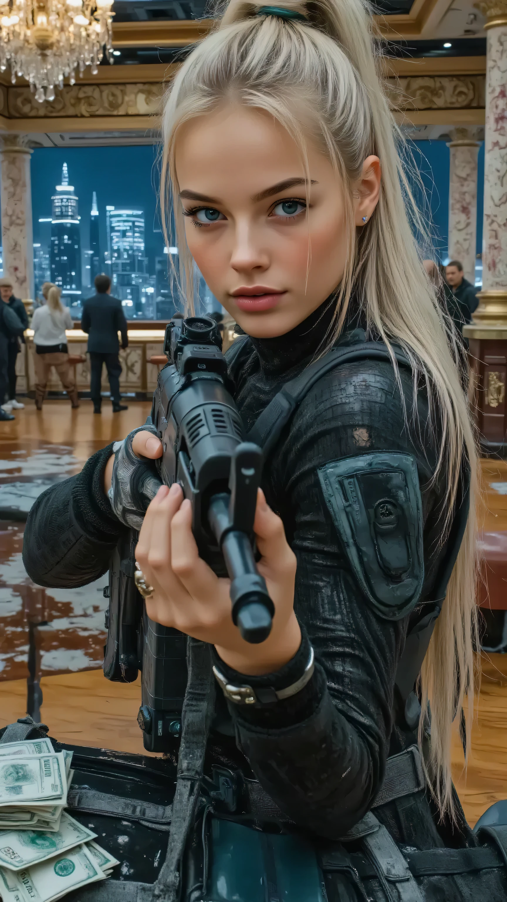 A cunning female gangster, mid-30s, with a fierce glare, positioned behind an overturned poker table in a luxurious but trashed Los Santos casino, clutching a compact assault rifle, ready to fire. Her elegant dress is torn, smeared with soot and paint, and stacks of cash spill from a duffel bag at her feet, some bills caught mid-air. The casino is a chaotic mess: bullet-riddled slot machines spark, chandeliers hang precariously, and vibrant gang graffiti defaces marble pillars. In the background, a shattered glass wall reveals a glittering city skyline, while smoke and muzzle flashes light up the room. Rival gangsters take cover behind bar counters, their shadows looming. The scene is a Grand Theft Auto masterpiece, hyper-detailed, cinematic, with opulent textures clashing against gritty violence and a tense, high-stakes atmosphere.