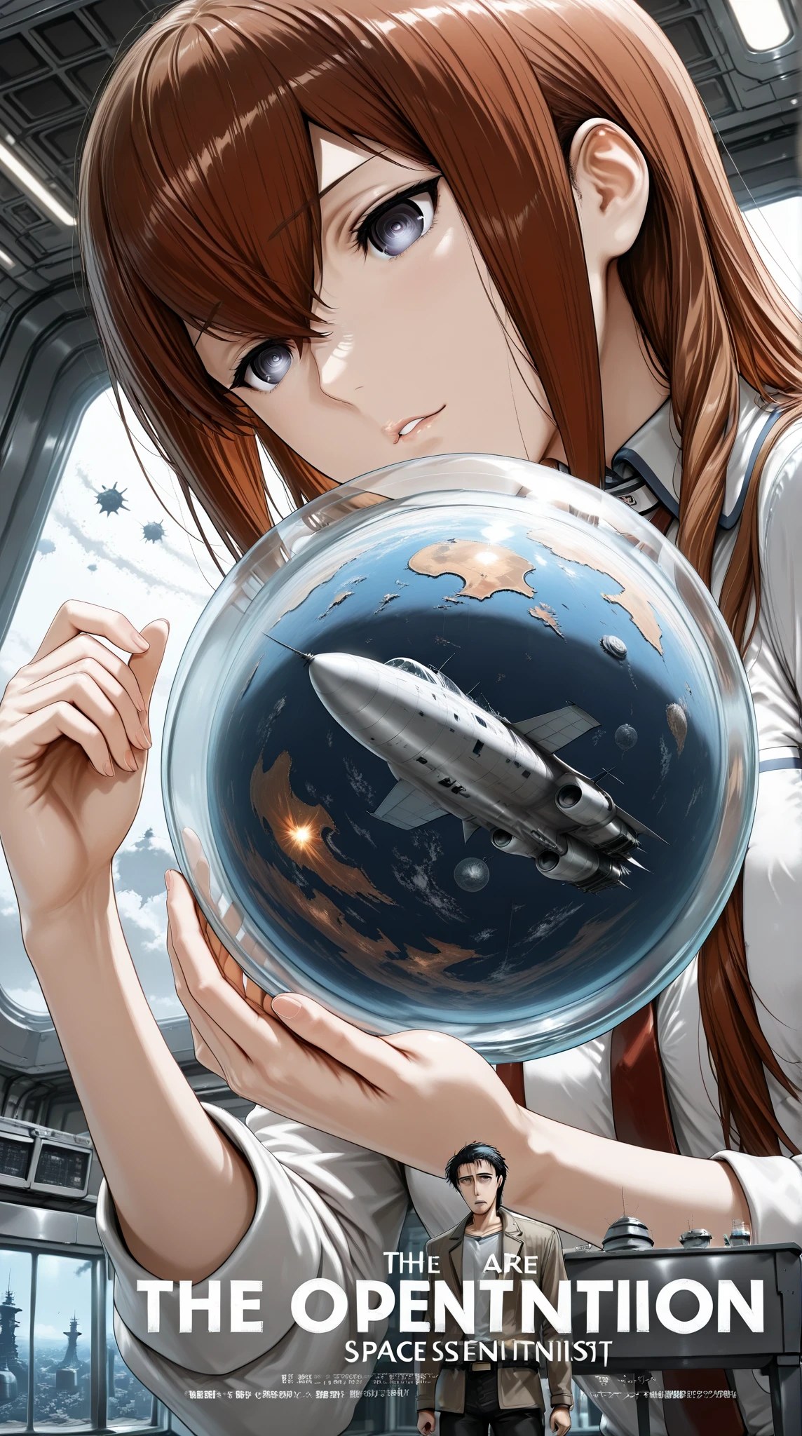 ((Best Quality)),( super high definition),(Super detailed),( detailed description ),((The best CG)),(masterpiece),(1boy and 1girl,1boy is a Okabe rintaro,1girl is a Makise Kurisu,the girl is no jacket ),(they are scientist, Apollo spacecraft development),(background is the space, Glass Room:1.2),(movie poster style:1.7,English big font 「The operation Apollo」at below)
