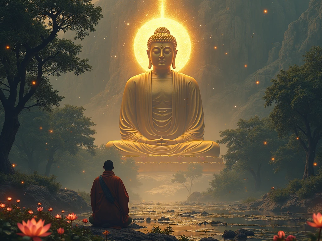 3 PEOPLE SITTING AND KNOWING TO THE BUDDHA, 3 PEOPLE INCLUDING DEMONS, ANGELS AND HUMANS KNOWING TO THE BUDDHA, 8K，Very bright colors, Light particles, with light glowing, wallpaper art, UHD wallpaper