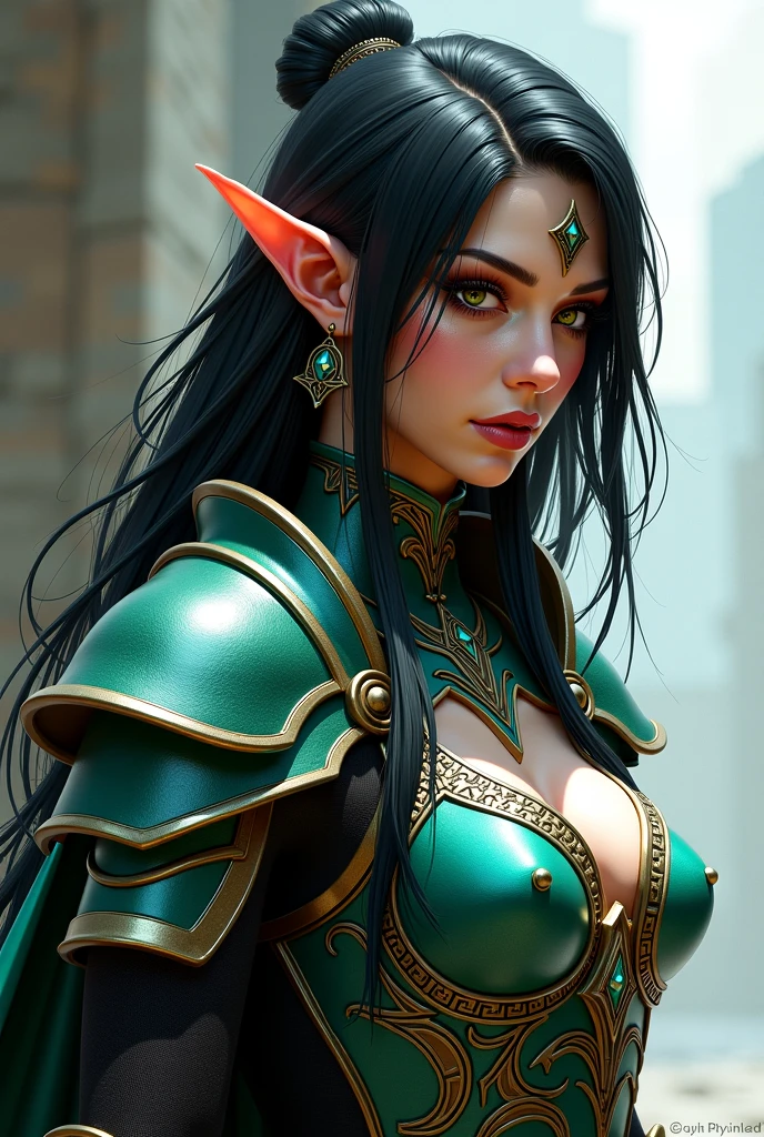 ((best quality)), ((masterpiece)), (detailed), Prize-winning works, with incredible details, maximum textures and details, uhd ,8K,super resolution ,depth of field, retina, masterpiece, anatomically correct, textured skin, super detail, high details, highres ,1 Medieval Fantasy RPG Female Elf Adventurer,hair in the wind,very long light black hair wavy braid ,((green black hair,)),shy smile,similar to the work of JRR Tolkien,black long cape ,lightweight armour,fully body, hyper-detailed piercing eyes , (25 year old young man :1.1,detailedeyes, face detailed, whole body:1.1,the background is a magnificent castle ),(best qualityer:1.2,ultra detali:1.1,realisitic:1.37) ,eyeshadows,sharp focus,swirly vibrant colors,)