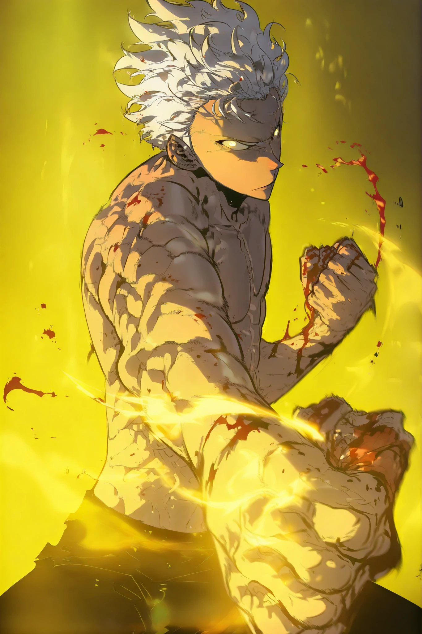 Handsome, Athletic, alone, male, Short spicky hair, long white hair, black yellow eye, no shirt, black pants, , intricate sketch, expressive eyes nose and mouth, Abs, simple pose, clench fist, martial art stance, blood on his fists , perfect Anatomy