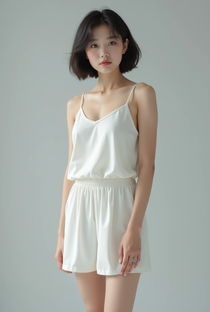 High resolution, High-level image quality, High definition, masterpiece, Rough skin, Anatomically correct, sharp,
Gray background,
((Japanese Mature, 90 years old)), One person, ((Facial wrinkles, Long, straight, light brown hair that reaches the shoulders)), Shapely big breasts, Chubby body type, Mouth closed and serious face,
(((Standing upright and looking at the viewer))),
(See-through summer camisole, A knee-length sheer white skirt),
Beautiful shins, ((Cowboy Shot))