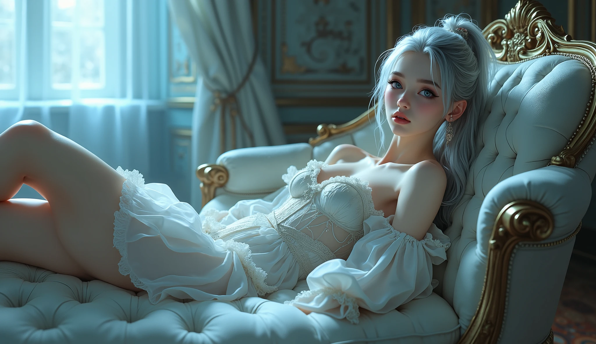 "((1 girl in)、(Long grey hair+silber hair:1.2)、(Lori+Beautiful clothes)、Perfectly beautiful、robe blanche、Goddess Pixiv、seductiv)、(Dynamic table pose)、(cute little)、(The background is unknown)、hight resolution。」（（（1个Giant Breast Girl）），Ray traching，（dim murky lights），[detailedbackground（Bedrooms）），（（Silvery hair）），（（Silvery hair）），（（（（（Fluffy silver hair，plump and slender girl））Wears a high ponytail）））Avoid golden eyes in the ominous bedroom（（（（The girl wears a short white skirt and light-colored stockings）There are also white ruffled bow gloves），It shows a delicate and slender figure and beautiful curves，Correct limbs，Lie down in bed，Best quality in 4K, (Extremely detailed: 1.5), masutepiece, 超A high resolution,(photographrealistic:1.4), 1 ADLT Women, Cowboy Shot, (Wear battle armor:1.6), (Blue kimono with floral pattern:1.6), (maid:1.6), Blue Maid Microskirt, Holding a spear, Cheerful, Blue hair, (bob cuts:1.2), Curly hair, (Big eyes:1.1), (Raw feet:1.3),Big breasts, Wind, Dynamic Angle, Dynamic Pose, cloaks(Original Character、Unity 16K Wallpaper, masutepiece, Best Quality, Ultra-detailed, extremely details CG, Caustics, Cinematic lighting, Detailed, Beautiful detailed eyes, Solo,Sexy Women), Ultra High Resolution, Fine skin, (maid, maid apronl, Maid headdress,Black Maid Skirt), (strong lights)、Oily skin,curby:1.2,huge-breasted,mansion、(Cowboy Shot、above breasts),Focus chest,Armpits