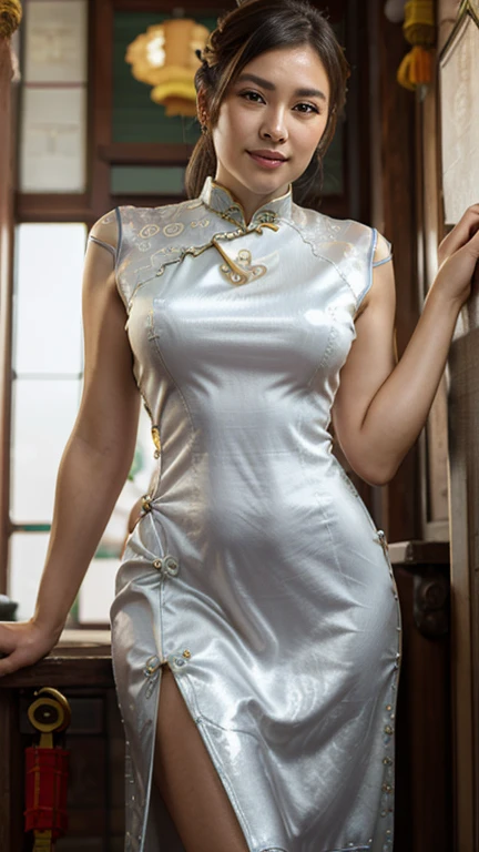 (photograph of Sydney, in white silk qipao),seductive , photorealistic, seductive, sexy pose