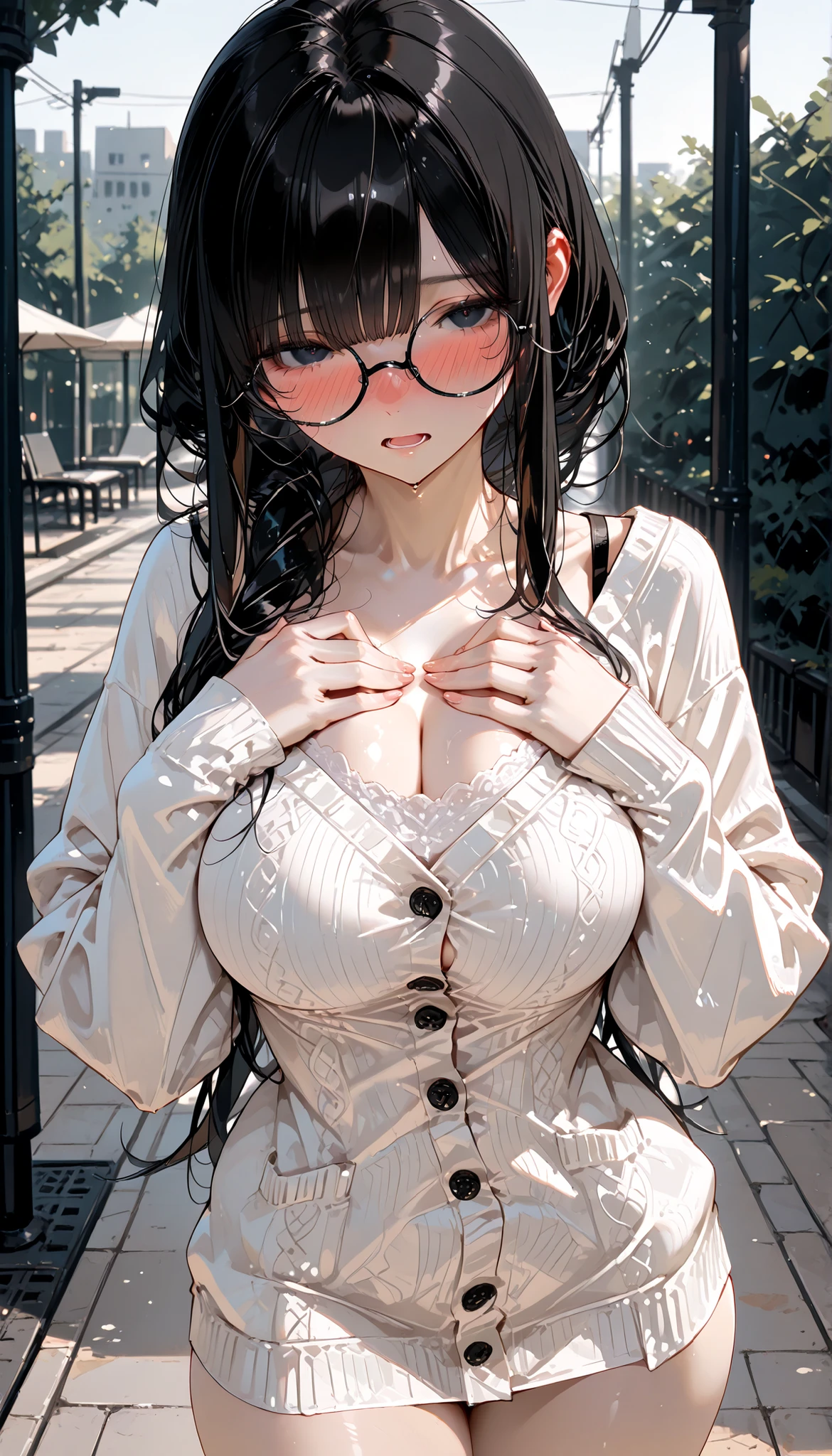 top quality, masterpiece, ultra-precise, ((top quality, masterpiece:1.3)), (sharp focus:1.2), (A beautiful, mature woman with a perfect body alone), (black eyes), (hime cut, long hairstyle, black hair), (strapped slim mini dress, white cardigan), Each line, (A quiet park, bright, outdoor), (breast suppress), full-face blush, large breasts, cowboy shot, language, (black round rimmed glasses), sexy, When eyes are half closed , Her gaze is on the viewer, open mouth.