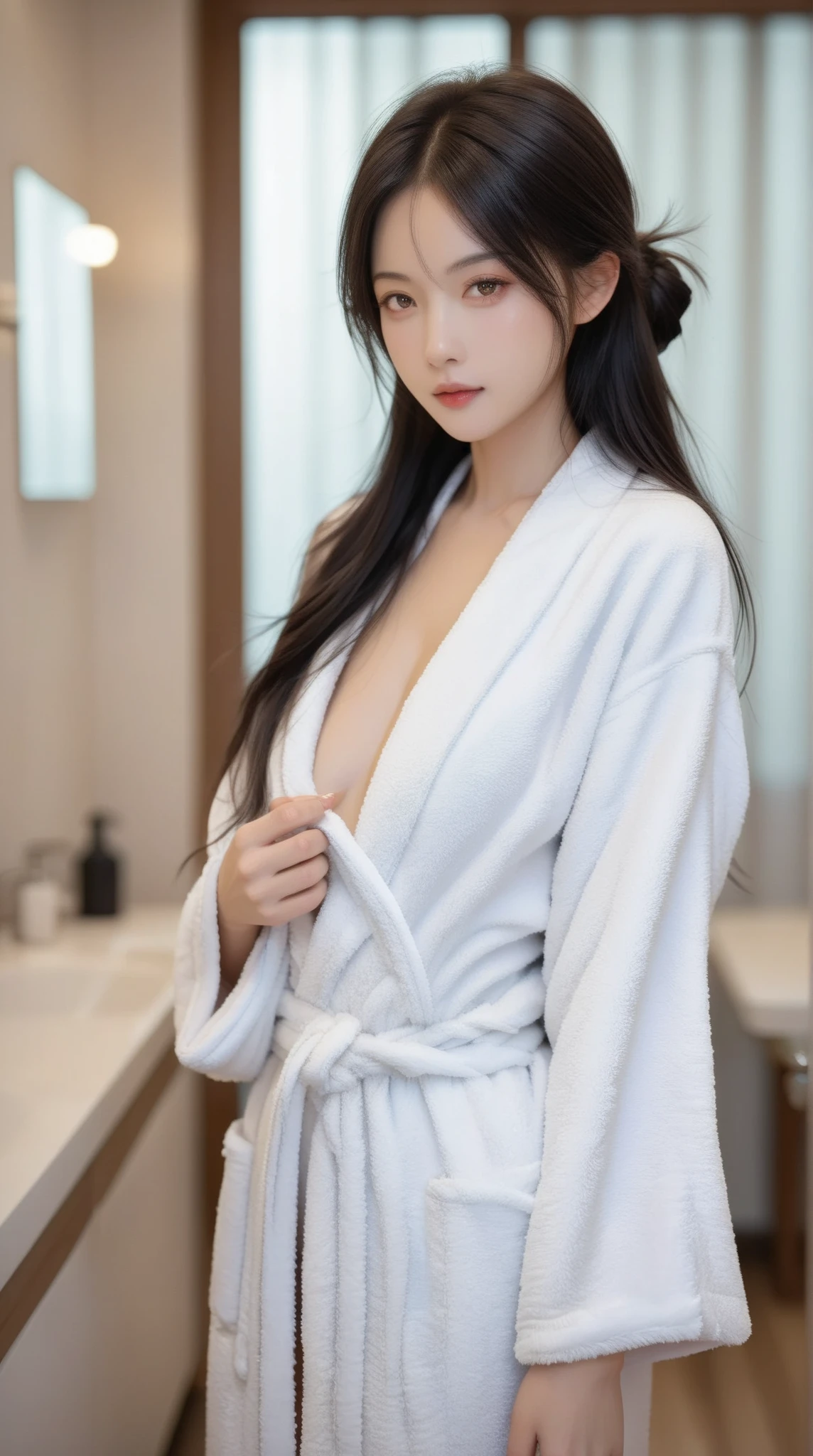 8k resolution, ultra HD, photo realistic, realism, 18 years old, beautiful and cute girl, best quality, a delicate beautiful girl, petite figure, big eyes with a god, long eyelashes, sweet eyes with lying silkworms, sweet smile, facial highlights, S-shaped body, sexy body, hot body, pendant, stud earrings, large curls, (light hair))), ((dressing gown_white))), shoulder clothes slide, outdoor, balcony, light, dynamic angle, photo: safety