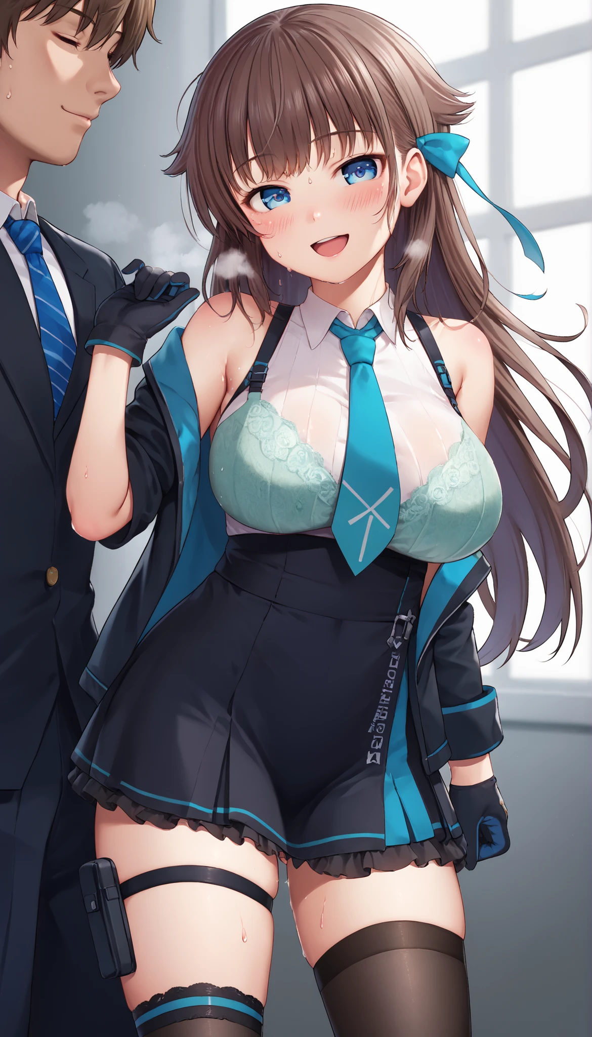 Stewardess, sexy body, big breasts, cleavage, big hip, stockings, garter belts, smiling, beautiful face, detailed face, very detailed eyes, long black hair, blue eyes, full body, high quality, airport, detailed background, high resolution