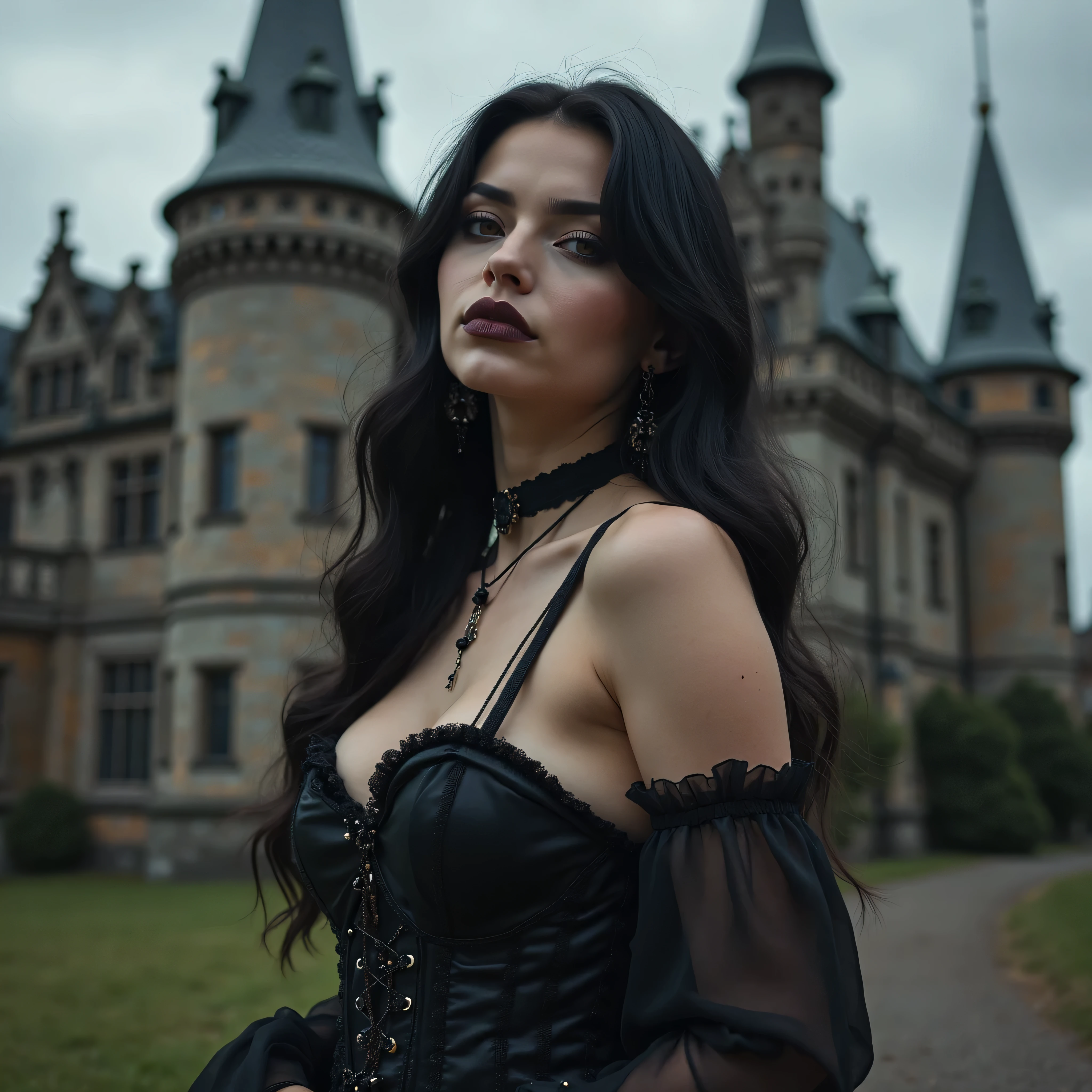A vampire girl with long black hair in a front a castle