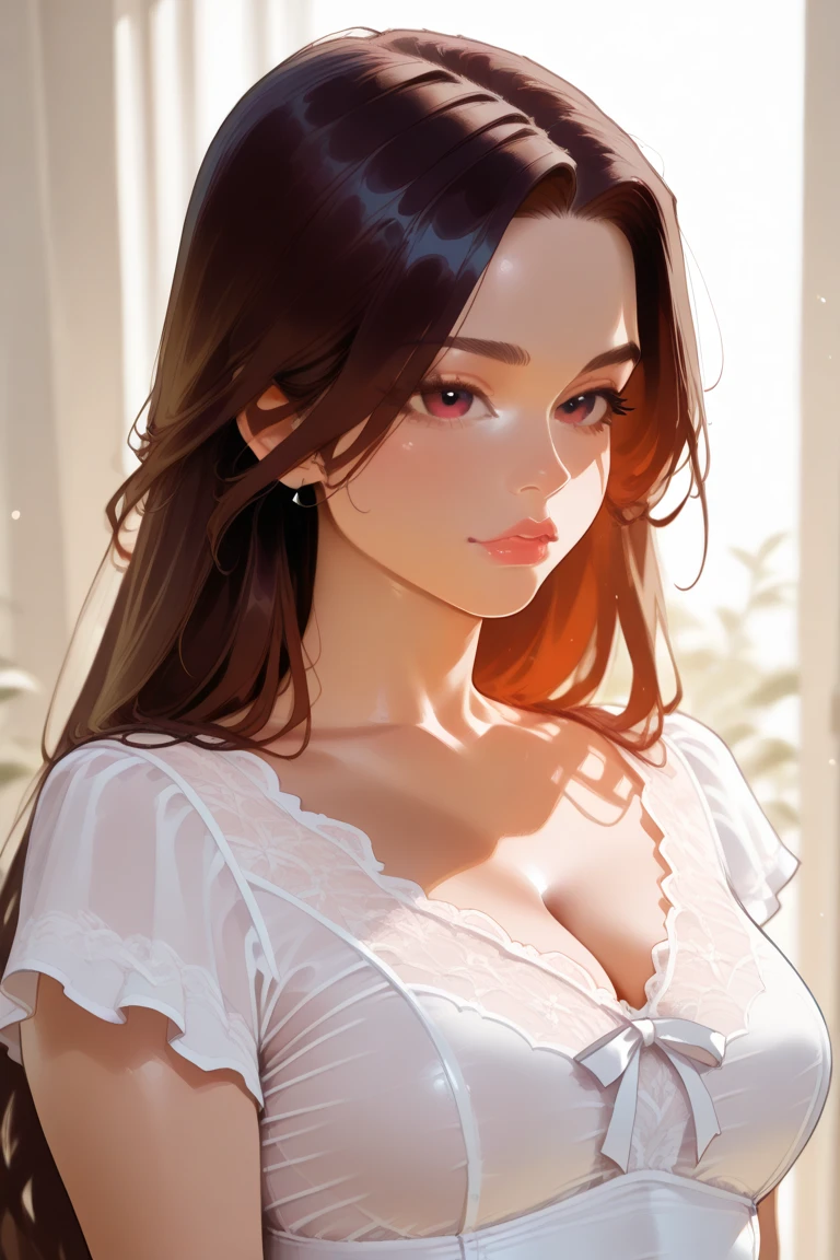 best quality, photorealistic, 8k, high res, 1girl, (professional lighting, bokeh), (long brown hair), (hazel eyes), flowing hair, (portrait), gorgeous, bloom, (floating hair), smile