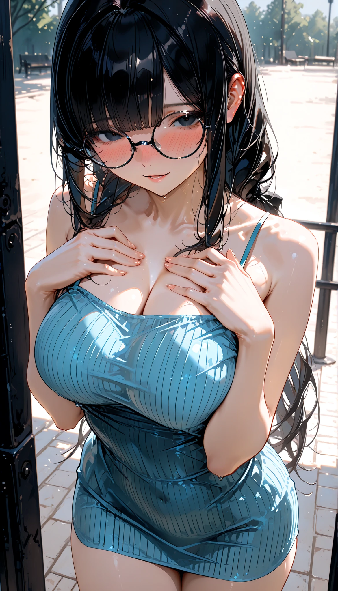 High resolution, high quality, One girl, Anime Girls, dark blue hair,ponytail,long hair,blunt bangs, dark blue eyes,heart shaped pupils,[[pale skin]],Glowing Skin, Large Breasts,beautiful breasts,pointy breasts,long nipples,(Big Ass),beautiful ass,Embarrassed,pink witch,hydrangea,(water),(Urge to urinate),bladder full,(Erotic Body Twist:1.4),(Rub your thighs together:1.3), Leaning forward, (Hold your groin:1.4),Jumping,(Person urinating:1.3),The magic that shines in her hands,