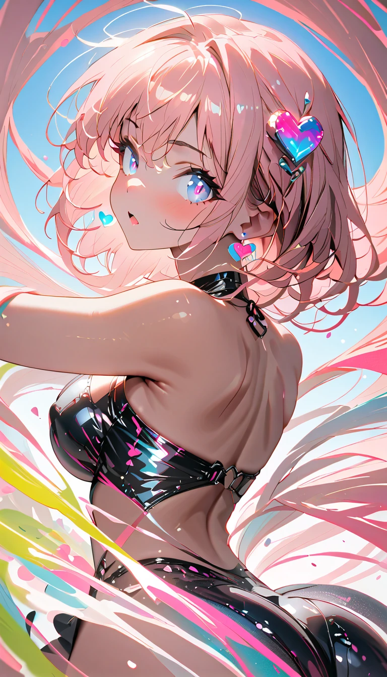 (masterpiece,best quality,extremely detailed:1.4),ultra-detailed,absurdres,perfect anatomy,1girl,japanese,30yo,(((Rainbow long hair,Gradation))),bangs,blue droopy eyes,cute,shy,Stylish bikini,black tight miniskirt,(lift:1.4),cleavage,hair ornaments,shallow sea,clear waters,water splash,(from below),Dynamic Angle,Glamorous Body,Nipple erection,Backlight,Curly hair,long hair,(((See-through,bikini))),Shiny Hair,Shiny Skin,お洒落なbikini,The bite is clear,Tattoo,tanline,Sunburn,Brown skin,Twin bun hair,
