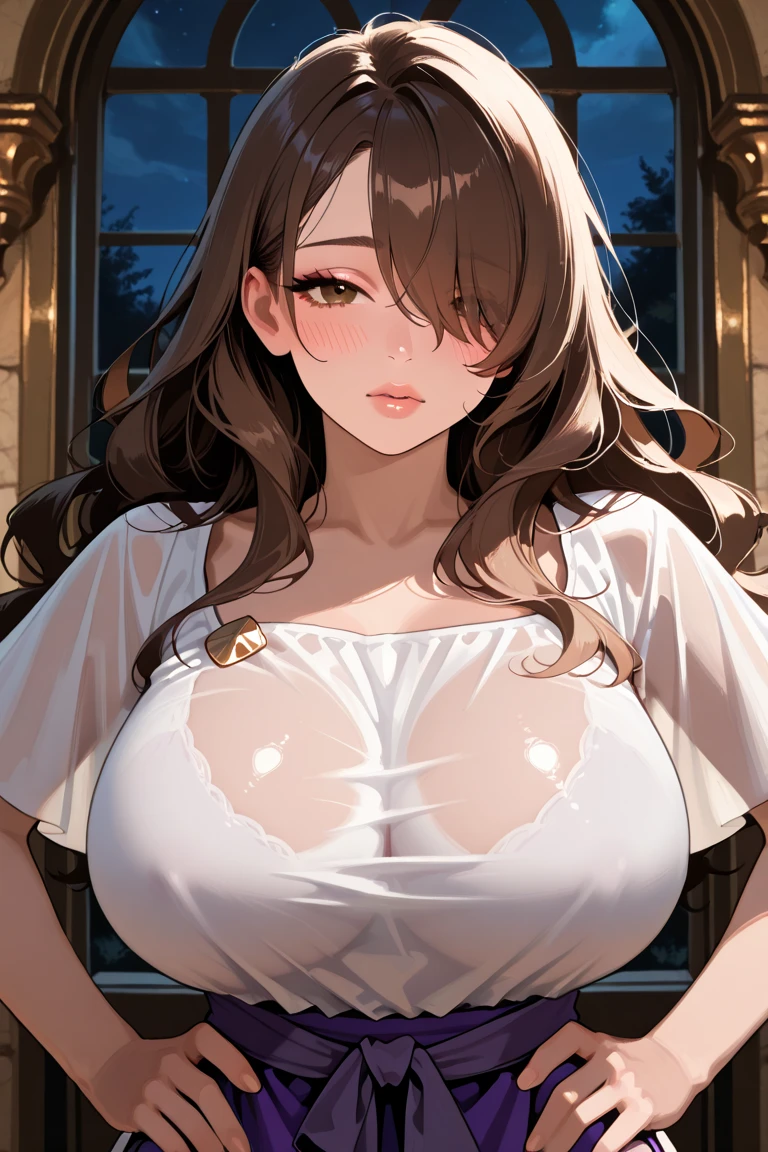 (high quality, High resolution, The finer details, Realistic), Long Wavy Hair、Dark brown hair、Earrings、Modest necklace、off-the-shoulder white shirt,Light yellow flared skirt, Clear skies, Strong sunlight, alone, Adult female, Sparkling eyes, smile, blush, Large Breasts, Oily skin, Shallow depth of field、Puffy nipples、Leaning forward to emphasize your breasts、Hold the skirt with your hands Skirt Fuwari、big、on board