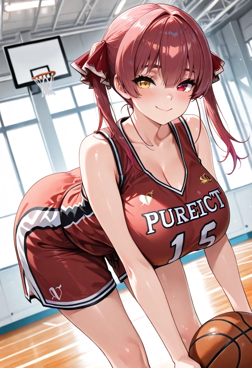 Masterpiece: 1.2, best quality), realistic, (real picture, rich details details, depth of field), (1girl, solo), makeup, cleft lip, high detail, perfect face shape, (big breasts: 1.4), (skindentation), thick thighs, wide buttocks, Thin waist, tall, coral, red lips, red eyes, ponytail (girl playing basketball, red basketball suit), (sweat: 1.2), (wet), sexy, blush