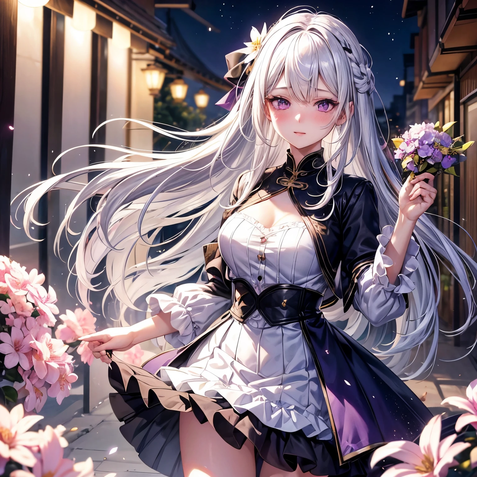 最high quality、best image quality、masterpiece、girl((18-year-old、 By becoming、vest bust、medium bust,wide open breast tea、shining eyes, silver hair、long hair、thin,highest valley、white see-through dress、White short skirt、Wristband、smile、back view、cherry blossom hair ornament、emphasize the buttocks、white underwear)),high quality、beautiful art、background((SakuraFubuki、Falling cherry blossoms、Cherry tree、beautiful park、square、Cherry Meadow、Wind、))、Flight、debris flies、Depth of written boundary、movie、visual art、perfect art、8K,genuine、