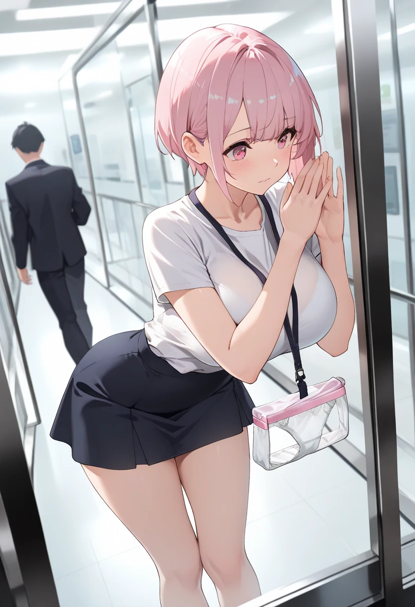Masterpiece, beautiful slender girl, bus stop, unzipped shorts, pussy peek, pussy, no panties, sweat, sweatdrop, t-shirt, midriff, pussy juice, blushing, bare legs, slim, full body, sneakers, embarrassed, scared, thigh strap, vibrator, small breasts, peeing, pee, pee puddle, peeing, crowd