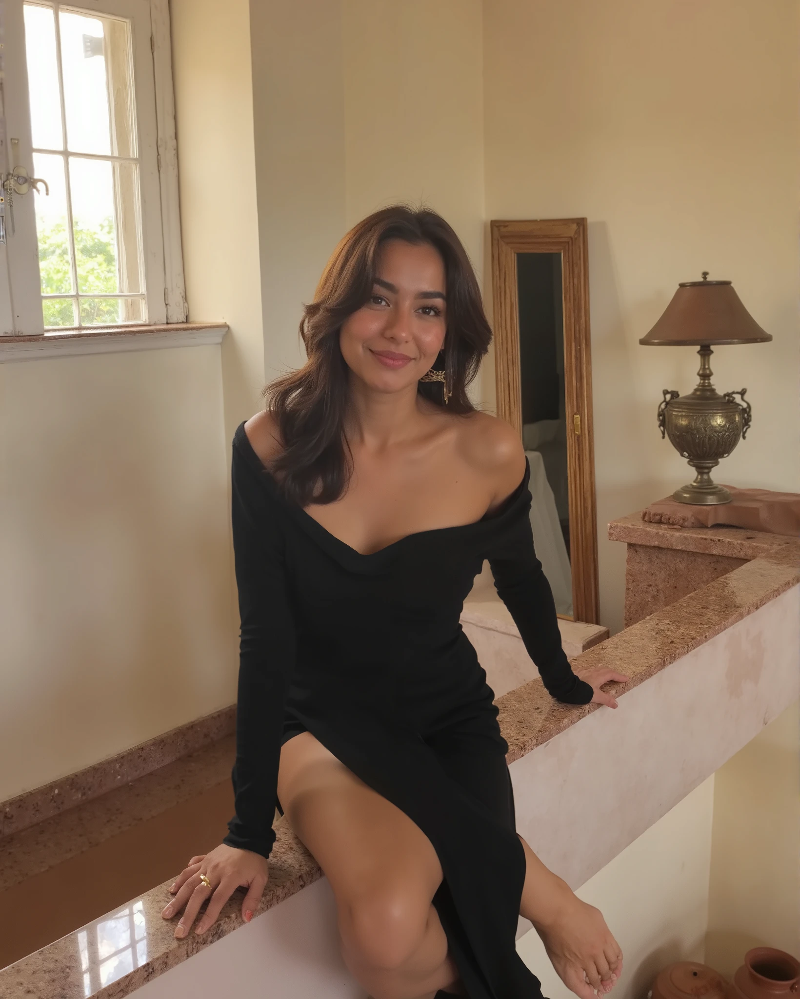 Create Image a low quality phone photo of a 21 years old young stunning woman with an oval-shaped face, brown eyes, and long wavy dark brown hair cascading over one shoulder sits gracefully on a polished brown marble ledge in a sunlit, minimal Indian-inspired room. She wears an off-shoulder, body-hugging black dress with long sleeves and a high slit, revealing one leg elegantly crossed over the other. Her bare feet rest naturally on the ledge, and she has a soft, confident smile. The room features a plain off-white wall, a wooden-framed mirror, a traditional brass lamp on the side, and a few decorative clay or brass pots placed nearby. Warm natural light filters in through a window with light curtains, giving the room a cozy, serene vibe {revealing slight cleavage}, HaniaAmirFlux, CTAI- Hand and foot details v1.0