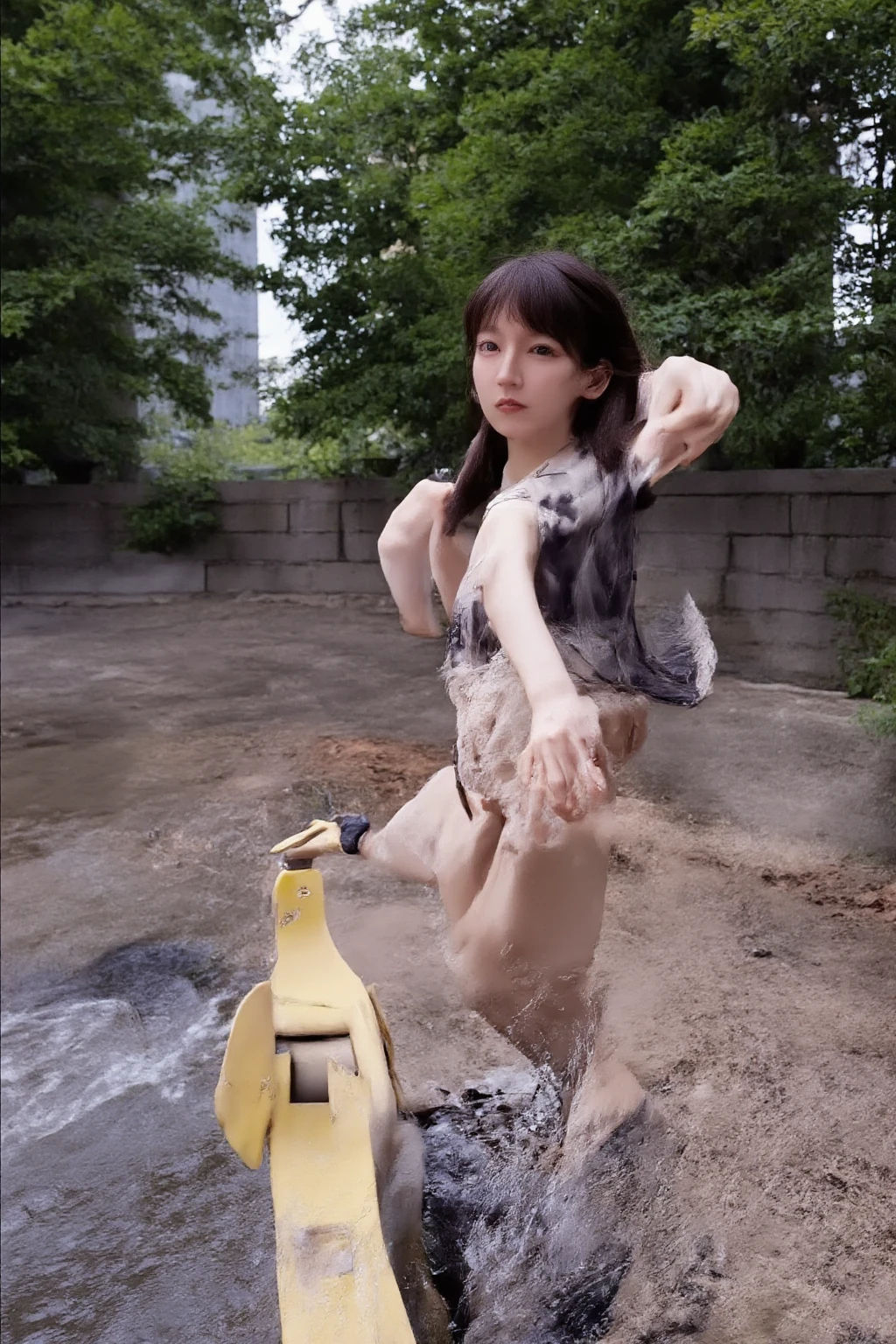 1girl, pussy, 1boy, penis, hetero, nude, tanned skin, squatting, cowgirl, black hair, bangs, mole, masterpiece, best quality, ultra quality, high quality, realistic, photo realistic, RAW photo, hyper detailed, intricate detailed, perfect anatomy, ((night)), from below, forest, outdoors,