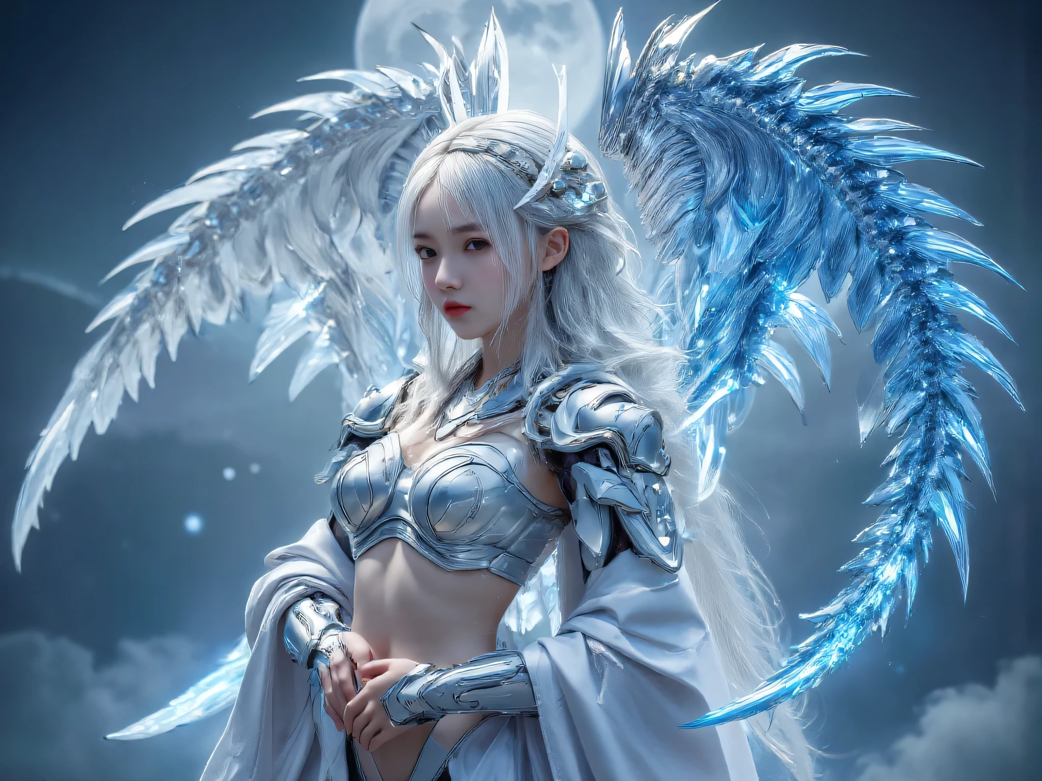 Masterpiece, Best Quality, Surrealism, Ray Tracing, Photorealistic, UHD, Realistic Detail, Best Quality, beautiful girl ,looking at viewer, perfect body , close up , silver hair, circlet helm , silver armor shining color jewelry, feather wing, mini skirt , (HDR), (Movie Light: 1.1), Cool, swing sword , weapons in hand , castle, fantasy, (Dynamic pose:1.2),
