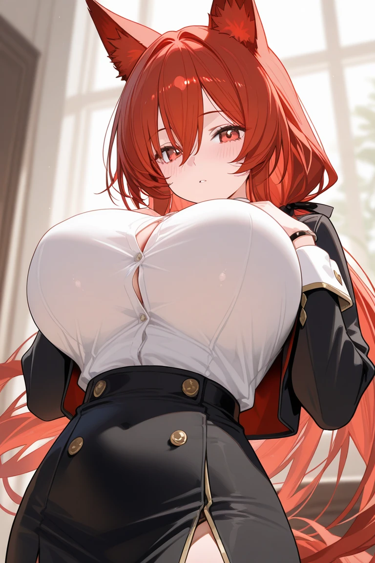 masterpiece,best quality,highres,cinematic lighting,dramatic angle,<lora:ShadowverseTidalGunnerV1:1:OUTSTYLE> ,1girl,hair ornament,hanging breasts,red hair,red eyes,twintails,goggles,skull decorations,hair ribbon,white shirt,black skirt,fishnet,garter straps,belt,package,pov,looking at viewer,:d,fangs,taunting,happy,clothing cutout,(huge and gigantic and enormous and big and large and juicy breasts:1.2),(fat ass:1.1),(thick thighs:1.2),bare shoulders,choker,spikes,close-up,necktie,evil smile,shaded face,(seductive pose:1.3),bedroom,embarrassed,shy,blush,breast hold,hand on own chest,covering breasts,lying,on back,on bed,wet,see-through,sweat,presenting,spread legs,wet pussy
