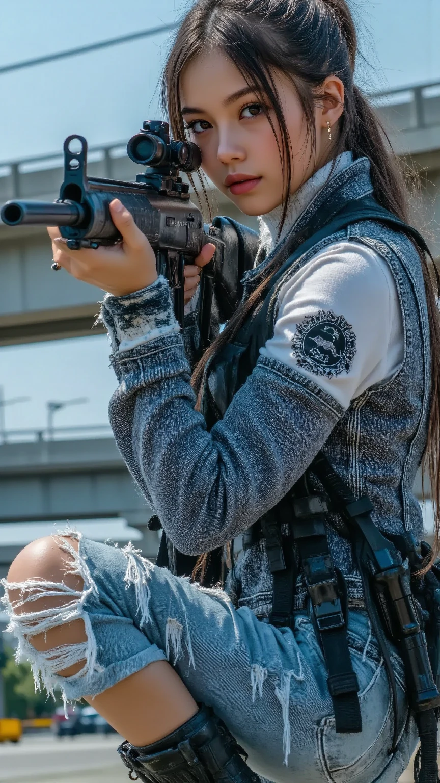 8K, realistic photo, realistic skin texture, Beautiful Japanese female vigilante living in America、A little bit into the future、2050、Blonde punkish hair、rockｔshirt、MP５A has a submachine gun、A street lined with old apartments、sneakers、Dynamic pose、Tattoo、Innovative composition、、Glasses