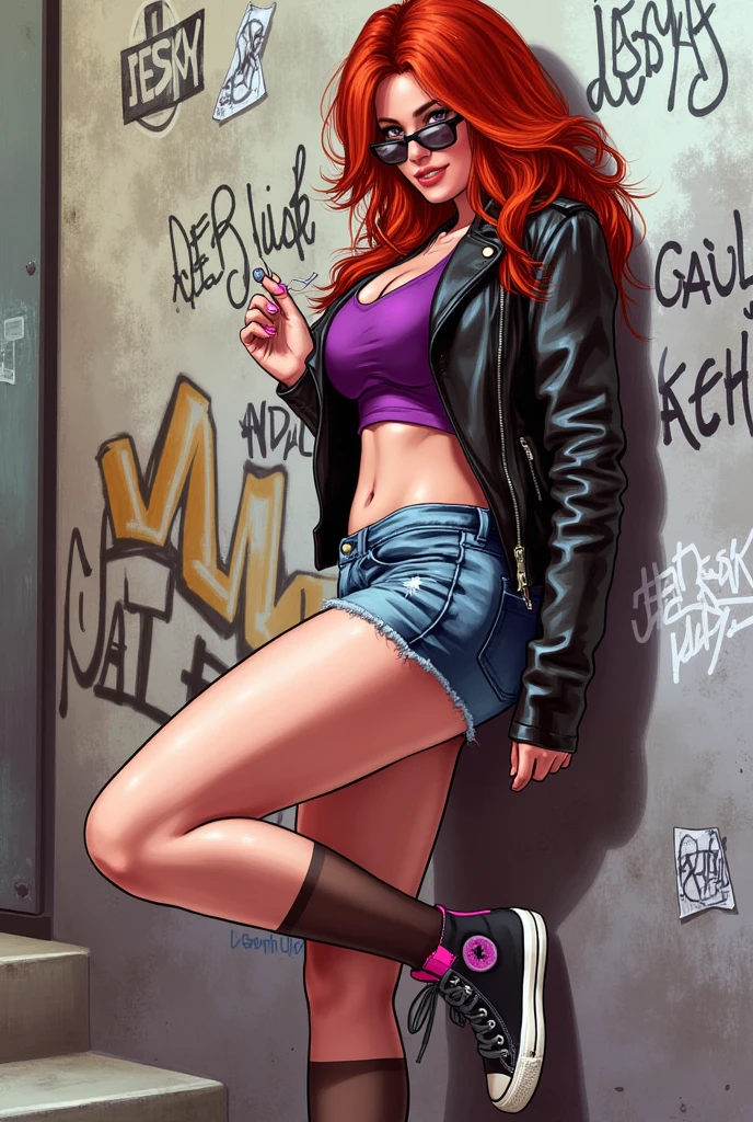 girl with long red hair, very sexy, punk look, sitting on some stairs in the street, miniskirt, open legs, erotism, sexy, tank top, side breasts, open legs we see her panties, abandoned neighborhood full of graffiti, Bill Sienkiewicz inspired art