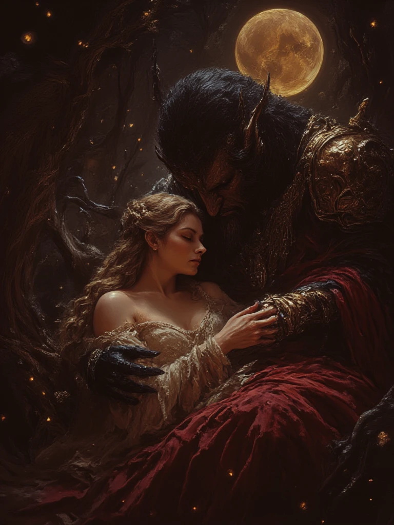 best quality,ultra-detailed,realistic,photorealistic,beautiful girl,beast,fantastic setting,majestic castle,breathtaking roses,enchanted rose petals,gorgeously detailed eyes,beast's fangs and claws,magical transformation,golden dress flowing in the wind,mesmerizing beauty,spellbinding love,happiness in darkness,mysterious atmosphere,dark and stormy sky,dramatic lighting,rich colors,powerful emotions,unforgettable love story,classic fairytale,hauntingly beautiful,unveiling inner beauty,embrace of darkness and light,undying love and compassion,intense passion,divine enchantment,angelic charm,ethereal presence,spellbound audience,ultimate destiny,happily ever after