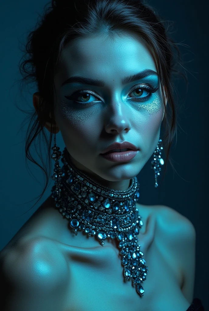 RAW photo of young Greek woman, color photograph, half length picture, close up portrait, ((a realistic photo of a beautiful young 18yo girl)), shadows, ((silver wing eyeliner)), (dark lipstick), ((pale iridescent skin)), dark eyes, leaning towards viewer, looking at viewer, sensual, erotic pose, smirk, shy, expressive hair, (dark hair), perfect facial features, perfect realistic skin, high quality, very detailed face, night, small breasts, futuristic model, fashion editorial style